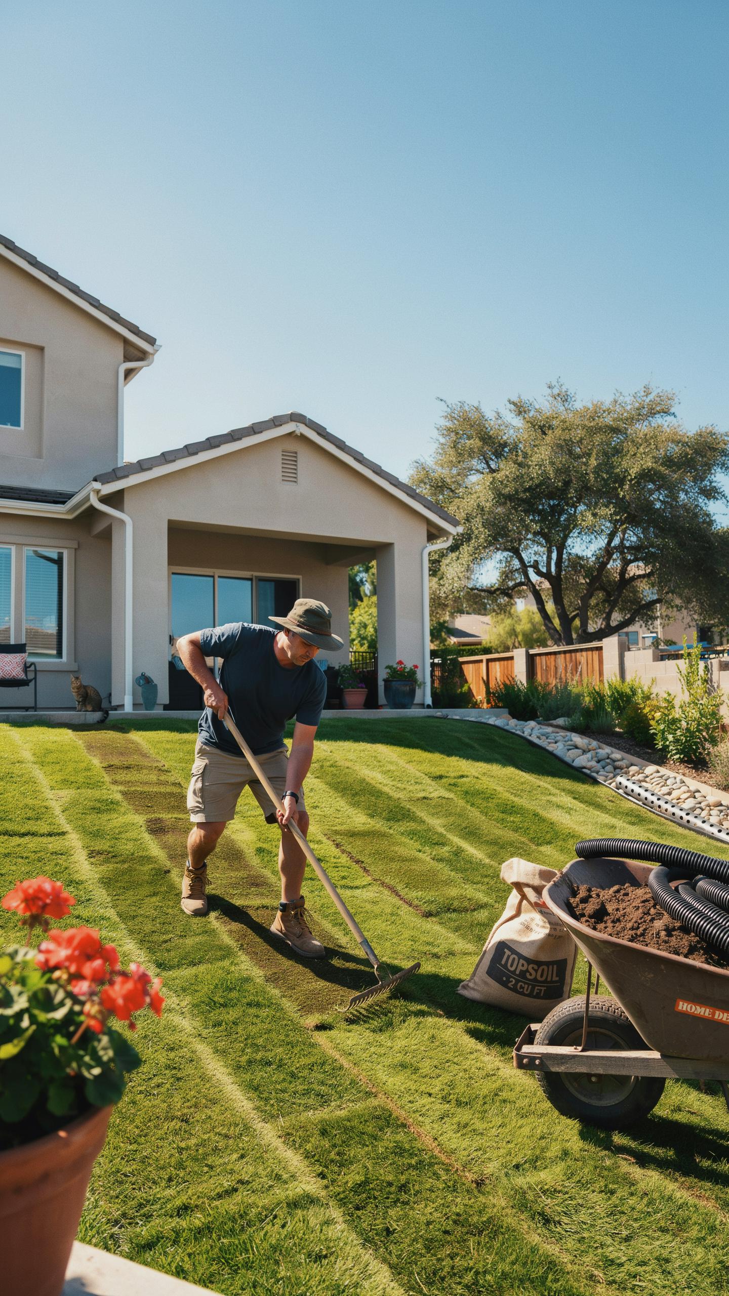 A man in a hat and shorts uses a rake to spread dirt on a newly laid sod lawn on a sunny day, with a modern house, wheelbarrow, and potted plants in t