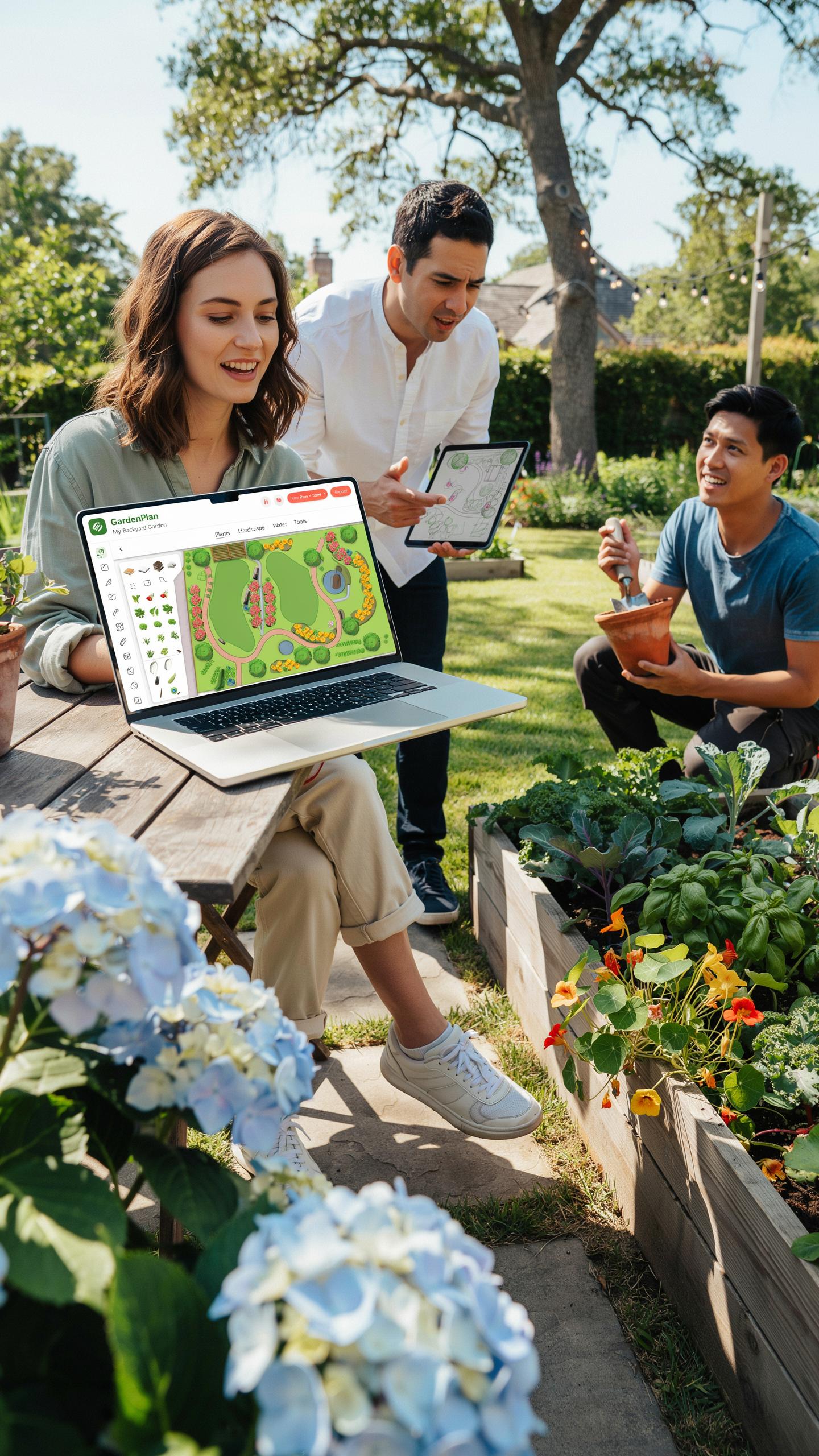 A woman smiles while sitting outdoors in a sunny garden, looking at a laptop screen displaying a garden layout design, with two men engaged in gardeni