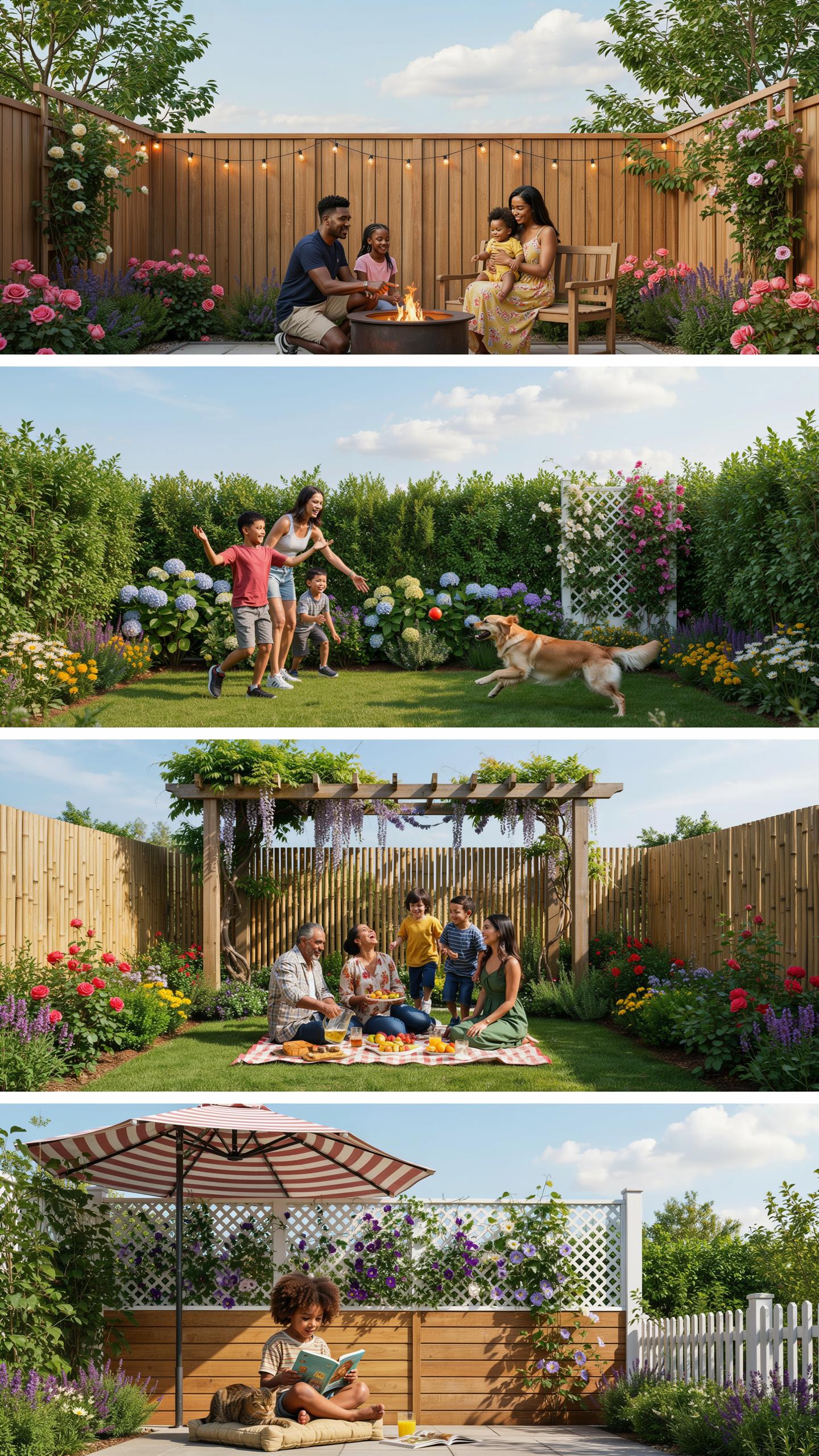 Four separate scenes show diverse families enjoying beautifully landscaped backyard gardens with fences, pergolas, and outdoor furniture under clear s