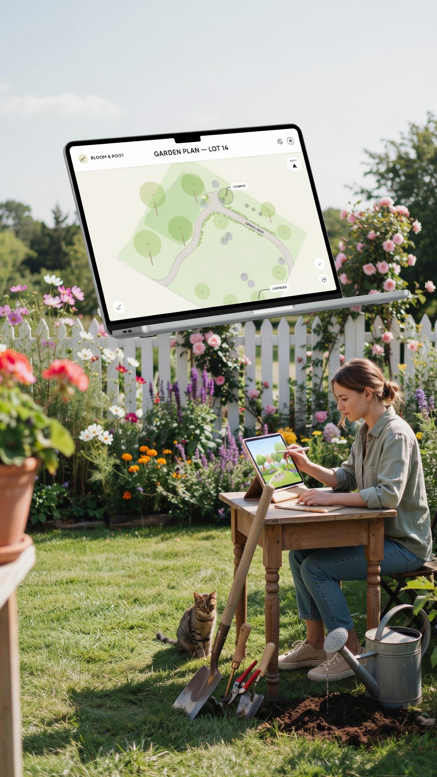 A woman sits at a wooden table outdoors in a lush green garden, looking at a digital map of a garden layout on a tablet while a laptop with the same m