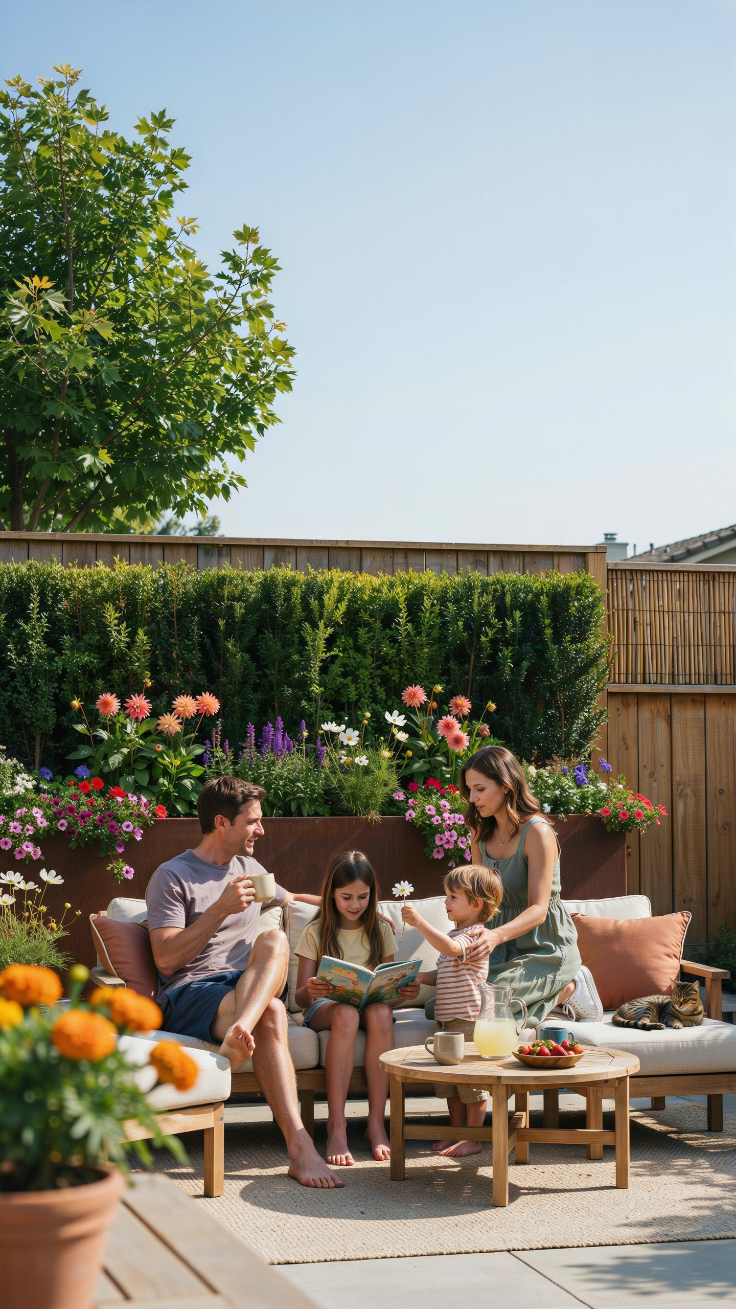 A family of four sits on an outdoor sofa in a sunny backyard patio, with the father and mother looking at their two young children who are engaged in