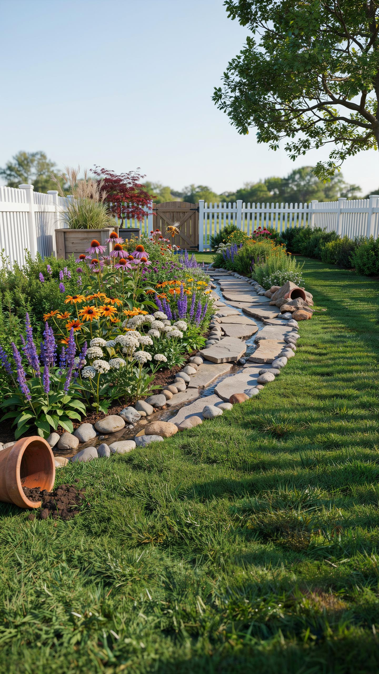 A lush garden path curves through a vibrant backyard, featuring a dry river bed of flat stones bordered by colorful flowers like purple salvia and ora