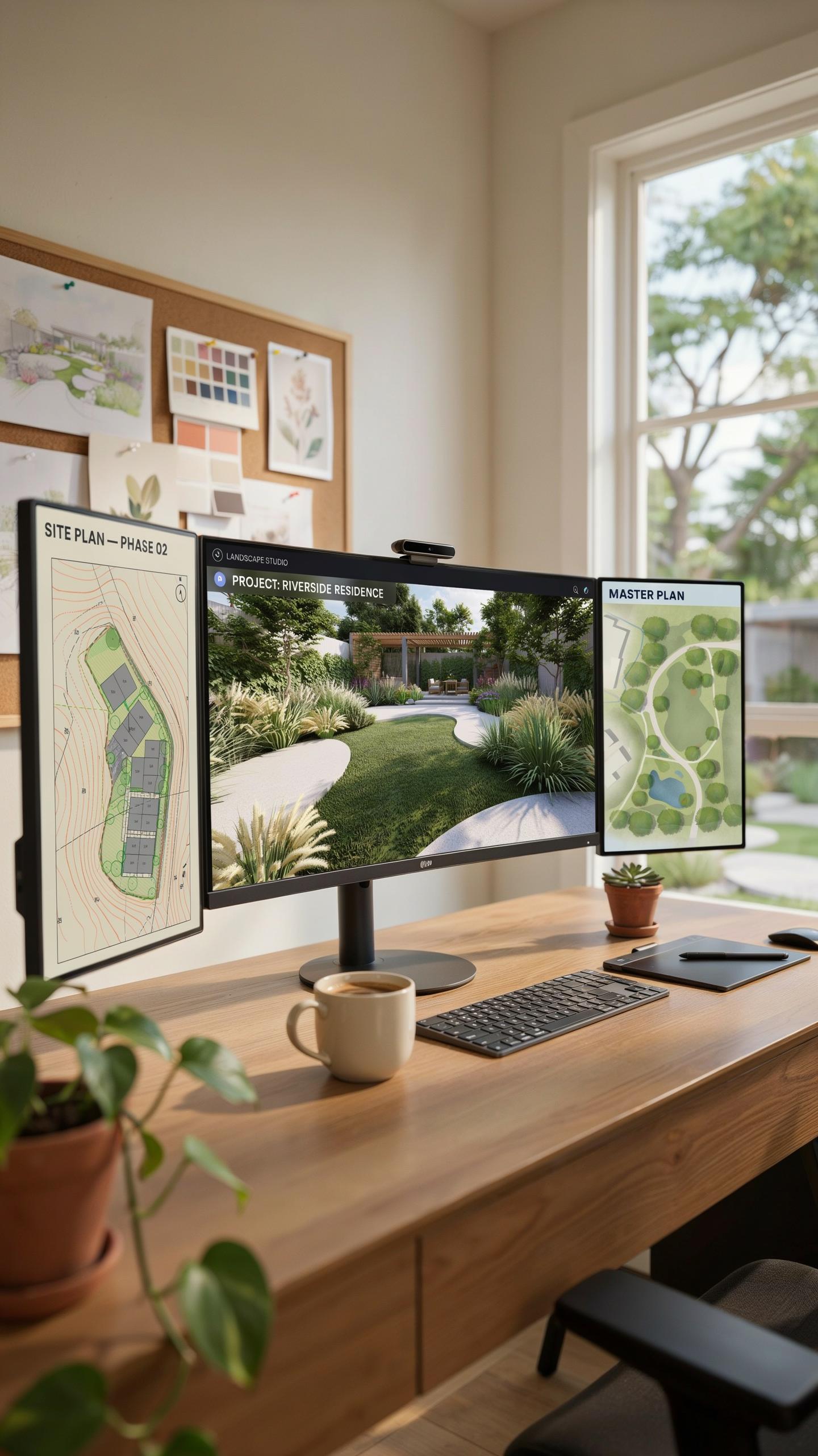 A modern home office setup with three monitors displaying landscape designs, set on a light wooden desk, with a cork board, potted plants, and a windo