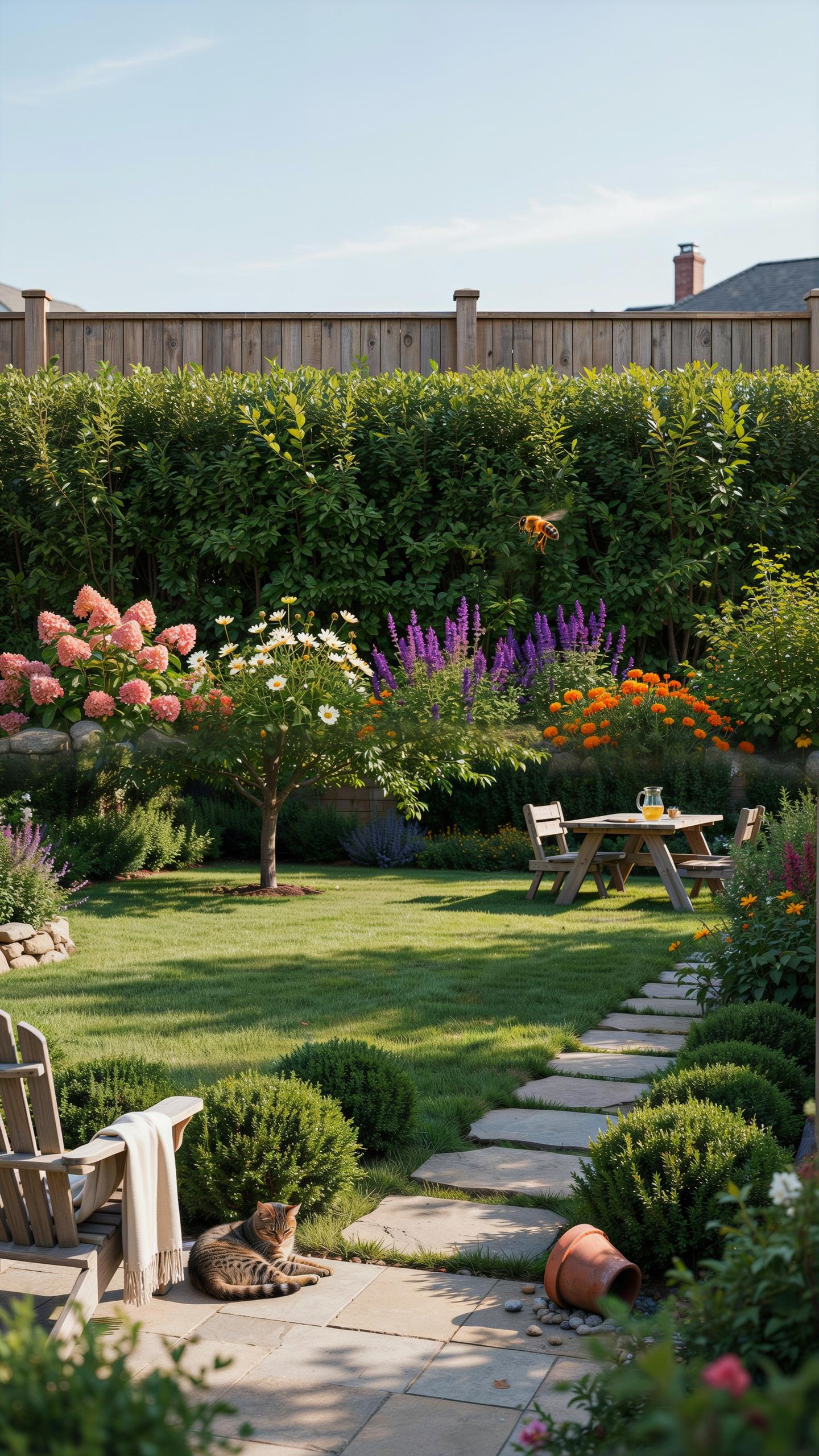 A beautiful backyard garden features a lush green lawn, vibrant flower beds, a stone pathway, a wooden picnic table, and a lounging cat on a stone pat