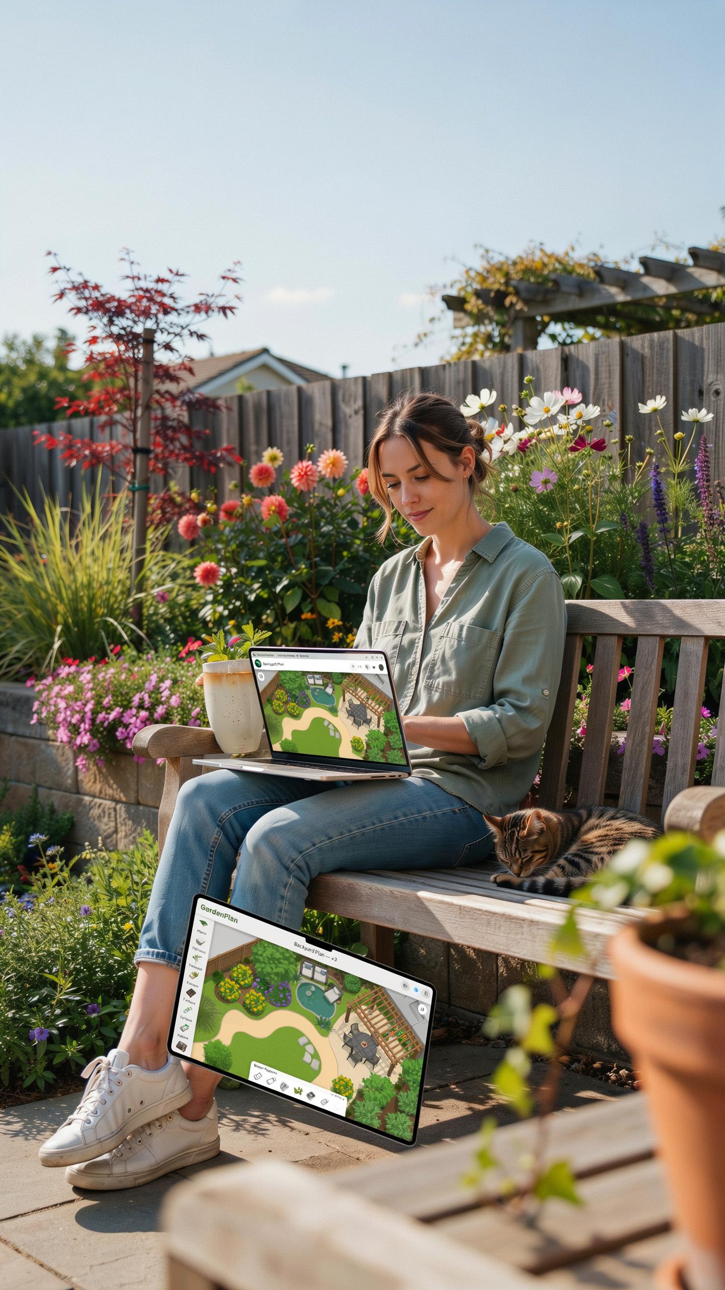 A young woman with brown hair in a bun, wearing a green shirt and jeans, sits on a wooden bench in a sunny garden, looking at a laptop. A cat sits bes