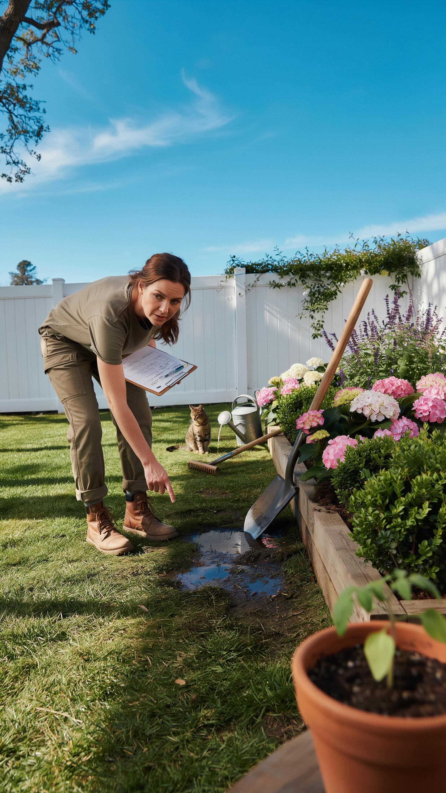 A woman with a clipboard and dark green clothing points to a puddle on the grass next to a raised garden bed filled with pink and green plants, under