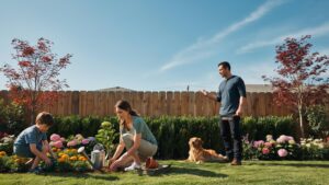 A family of three and their dog are happily gardening in a sunlit backyard with a wooden fence and flowering bushes.