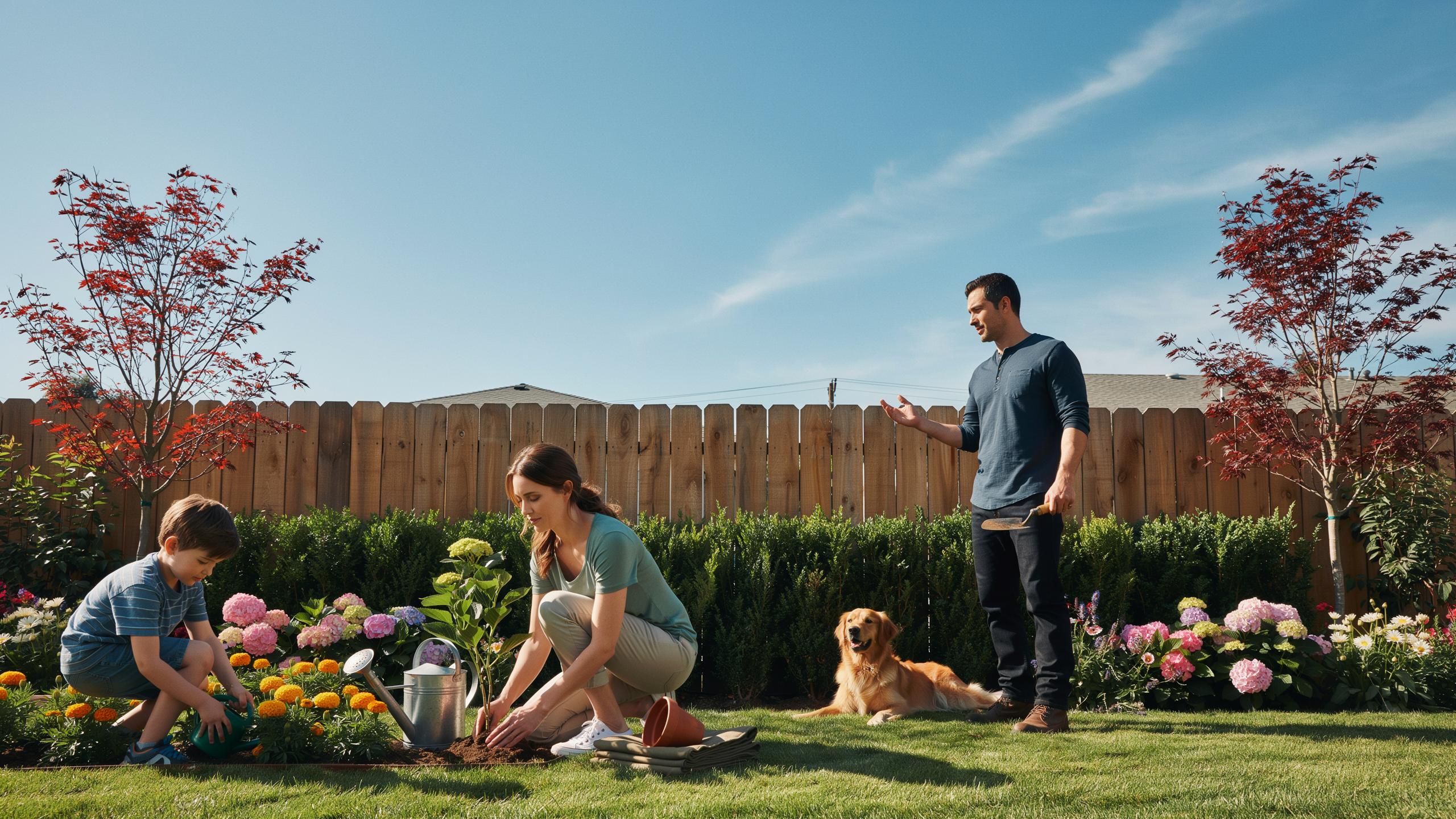A family of three and their dog are happily gardening in a sunlit backyard with a wooden fence and flowering bushes.