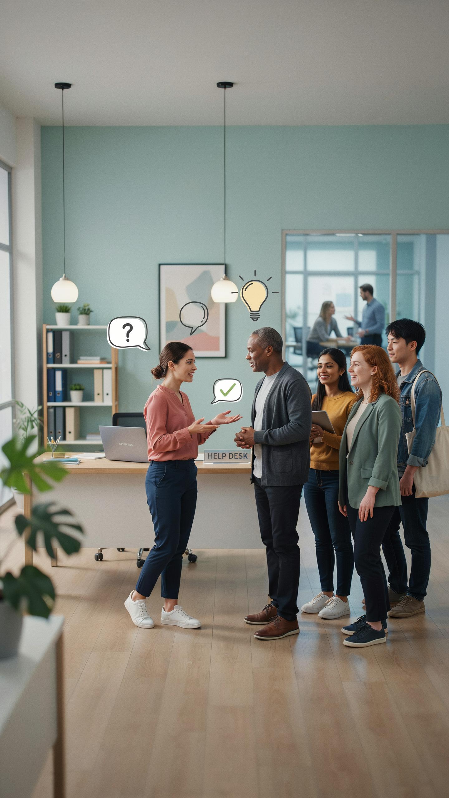 A diverse group of five people stands in a modern office, engaged in conversation. One woman, facing the group, is speaking, with a question mark and