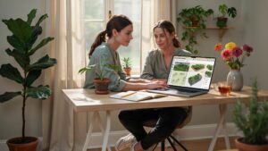 Two women with dark hair, one looking at the other, are sitting at a light wooden desk, both looking at a laptop screen displaying a garden design pro