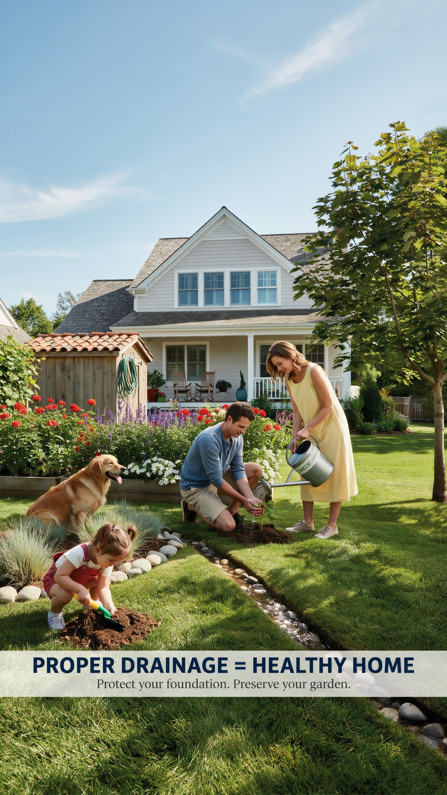 A family of four, including a young child and a golden retriever, is actively gardening in a lush backyard with a large house in the background, featu