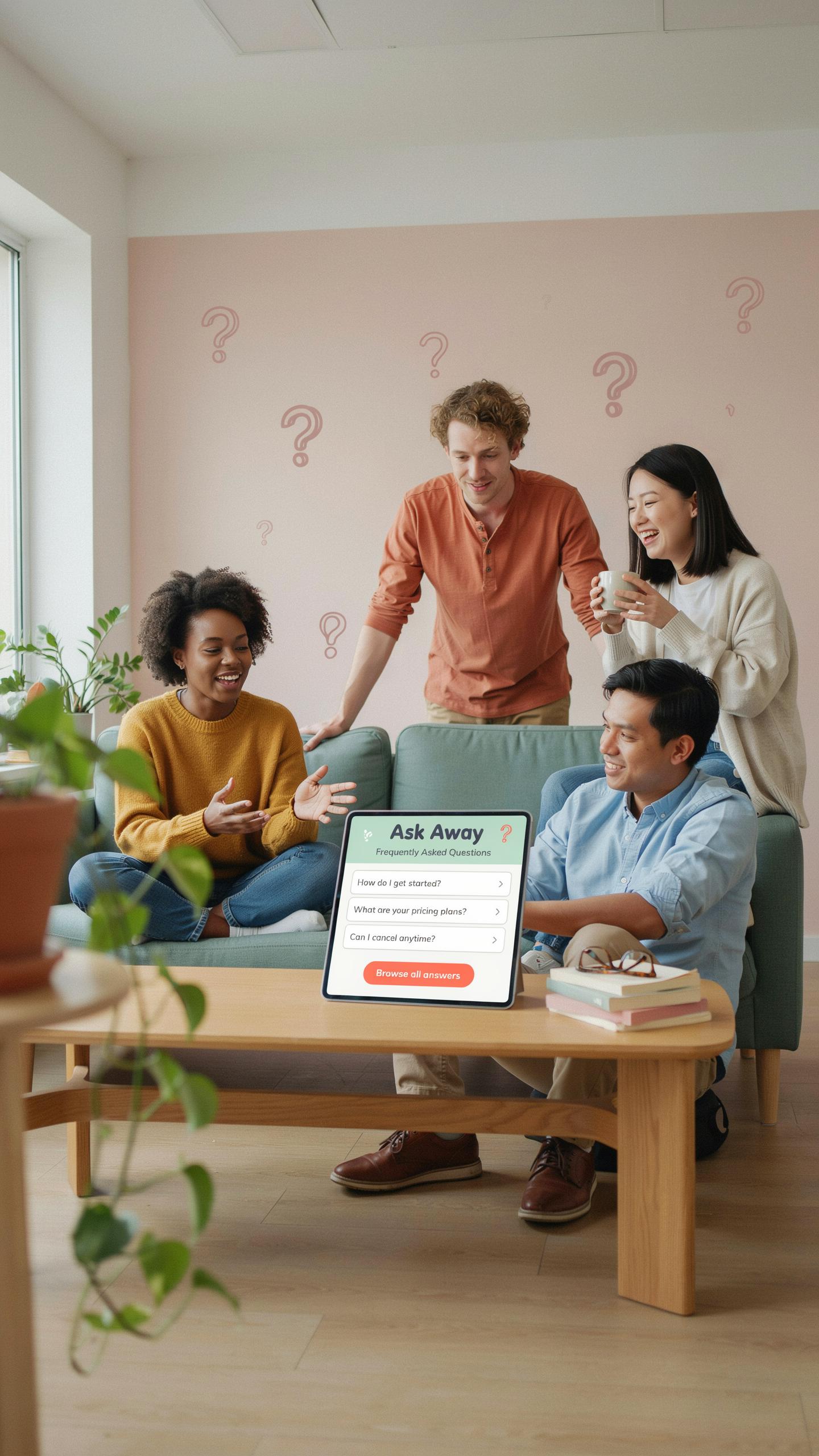 Four friends, two men and two women of diverse ethnic backgrounds, are gathered in a living room, smiling and interacting around a tablet displaying a