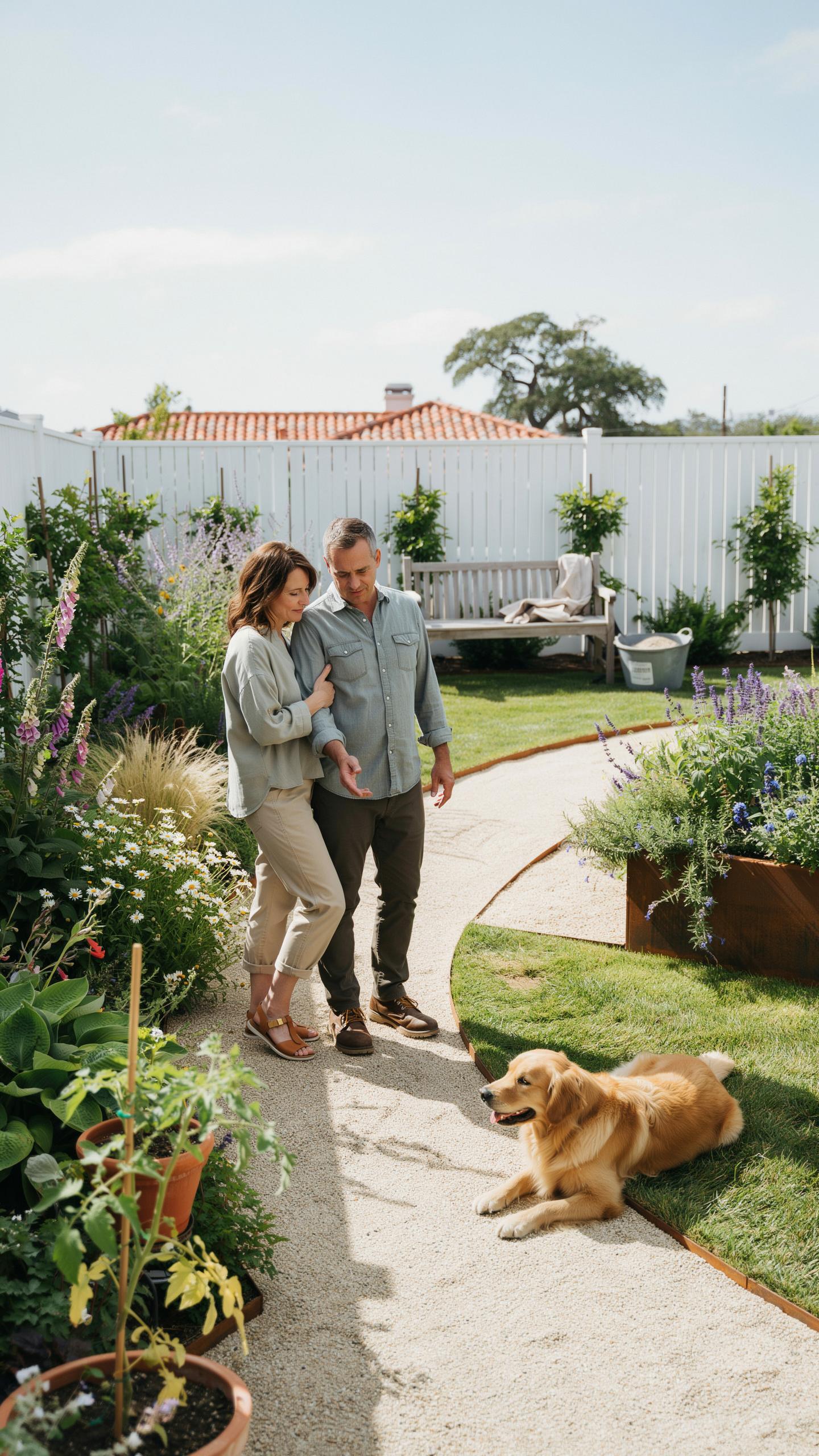 A man and a woman walk arm-in-arm along a winding stone path in a sunny, lush green garden with a golden retriever dog resting on the grass beside the