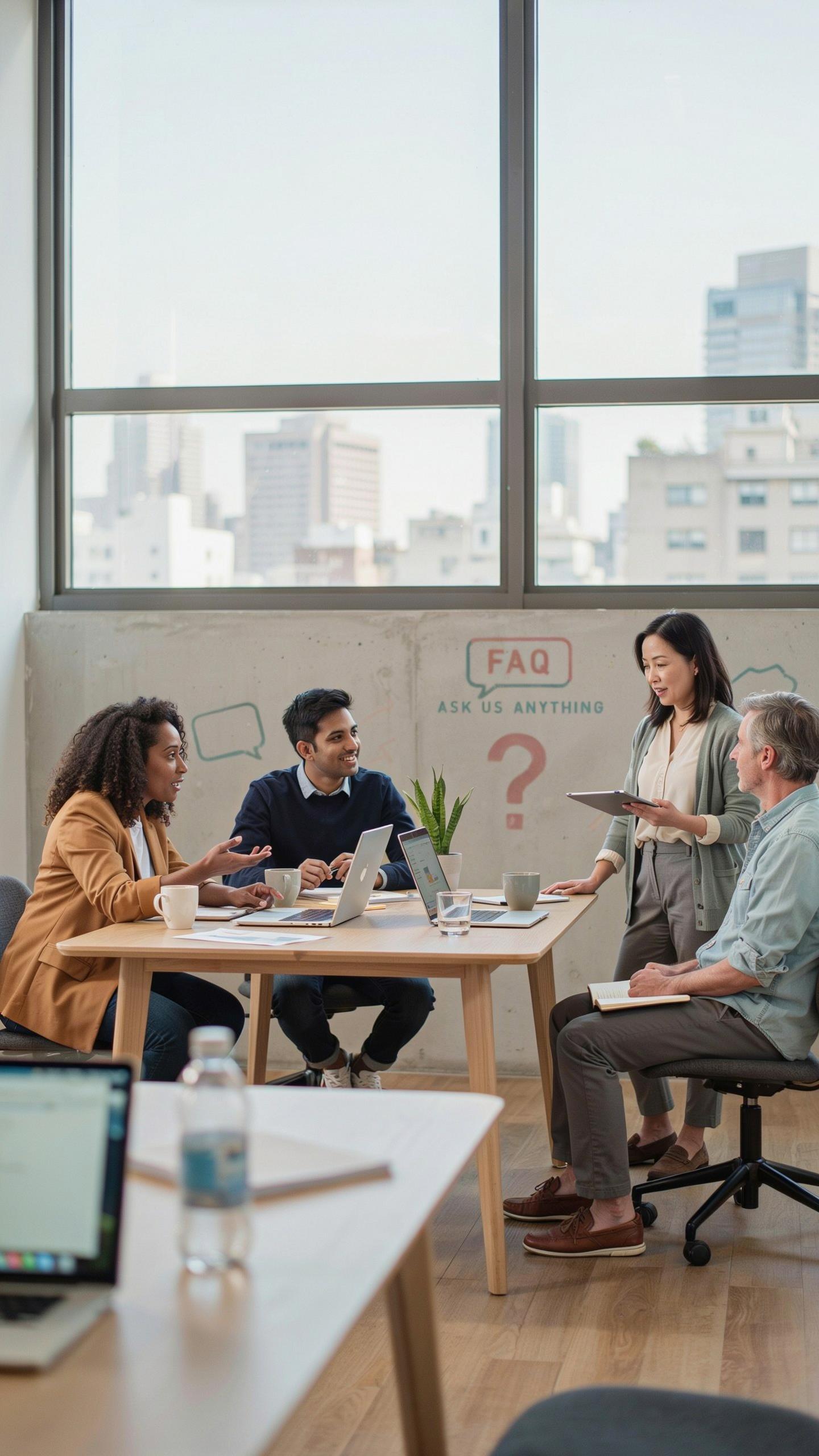 Four diverse people, two men and two women, are engaged in a discussion around a light wooden table in a modern office with large windows overlooking