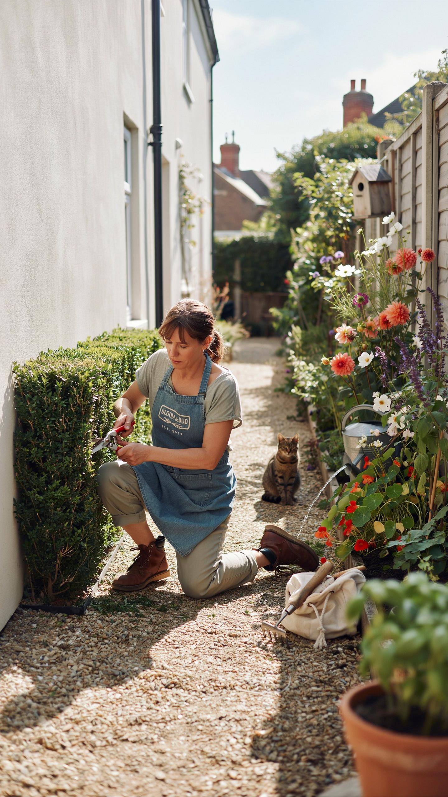 A woman kneels to trim a green hedge in a narrow, sunlit pathway between a white house and a wooden fence, with a brown cat sitting nearby and colorfu