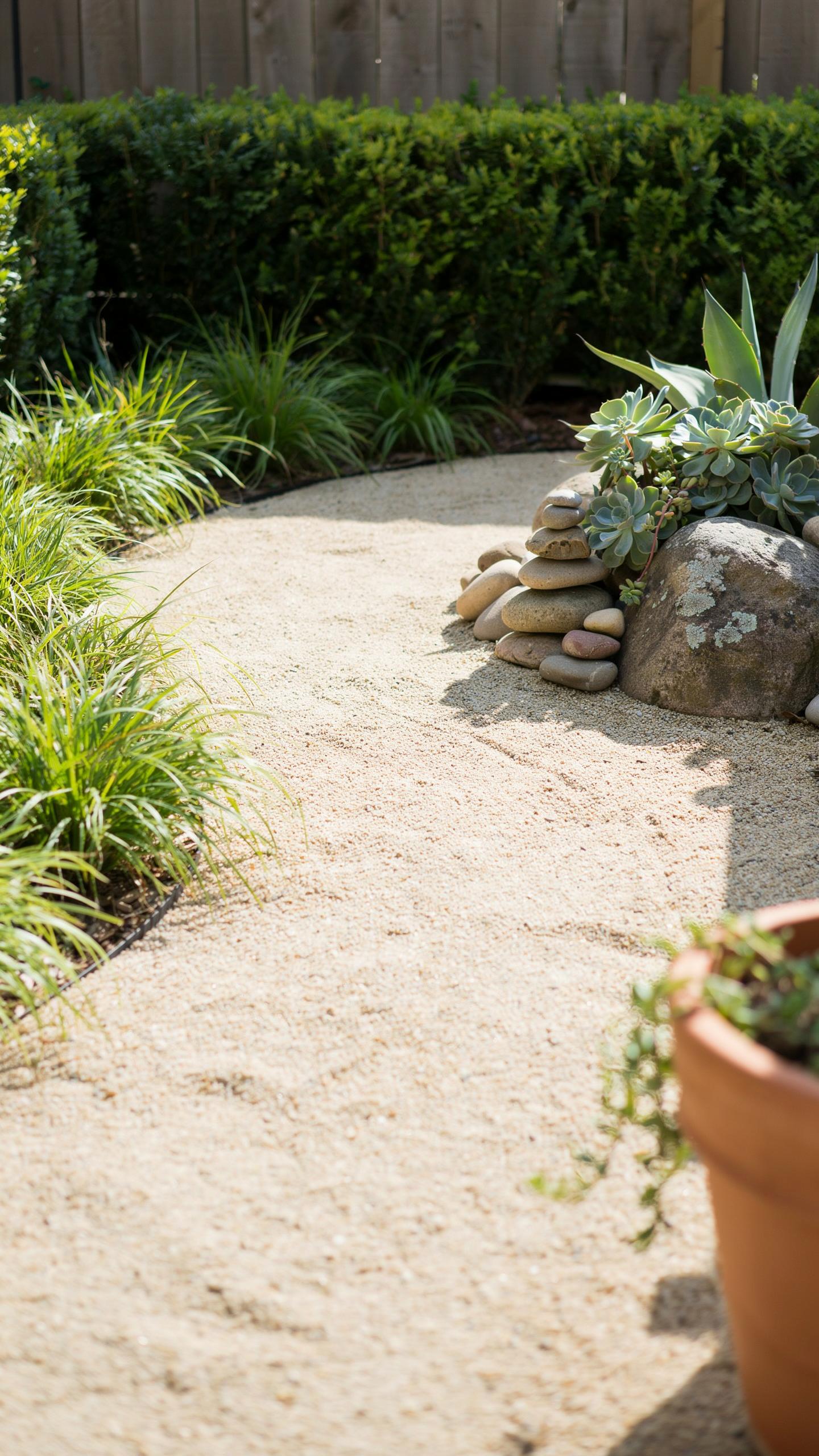 A tan gravel pathway curves through a lush green garden, bordered by low ornamental grasses and a dark green hedge, with succulents in a rock arrangem