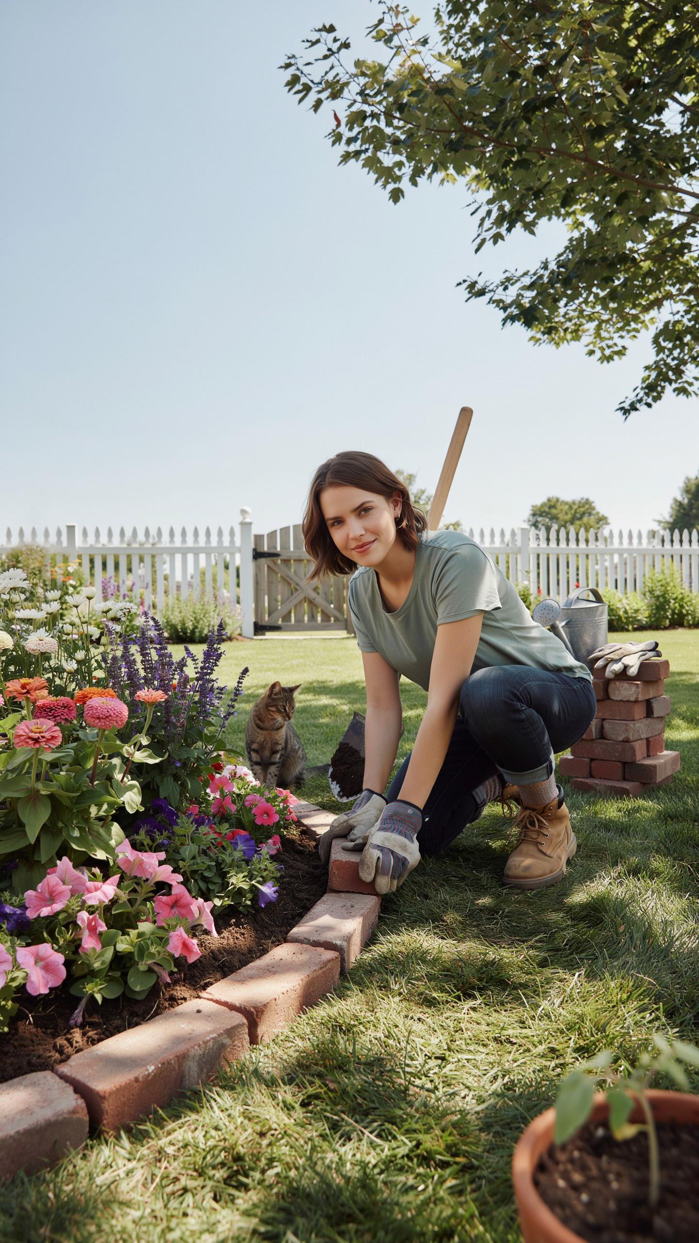 A young woman with short brown hair, wearing a green t-shirt, dark pants, and work gloves, crouches in a sunlit garden, arranging red bricks to form a