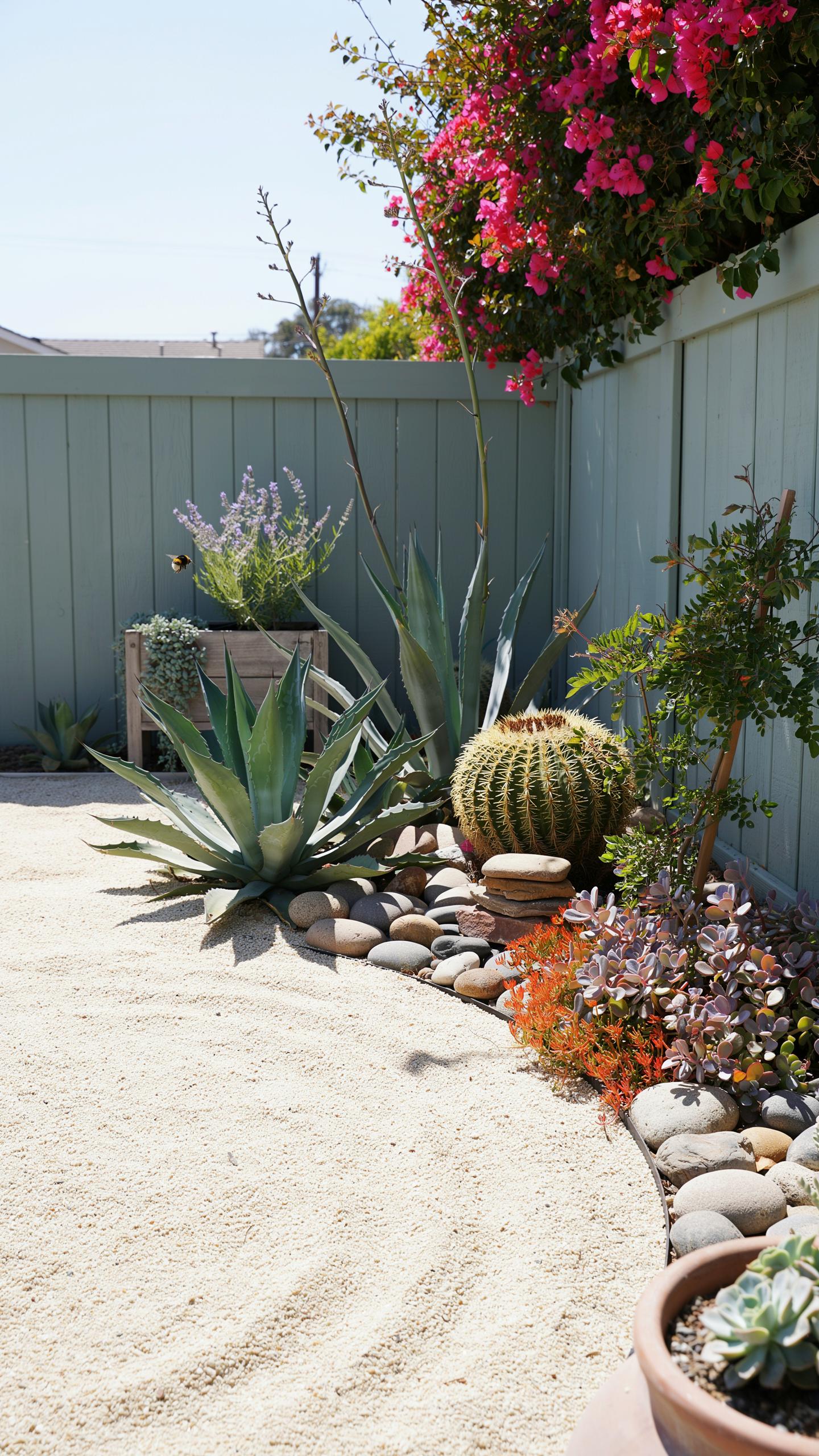 A drought-tolerant garden features a curved path of light-colored gravel leading to a corner filled with various succulents, cacti, and desert plants
