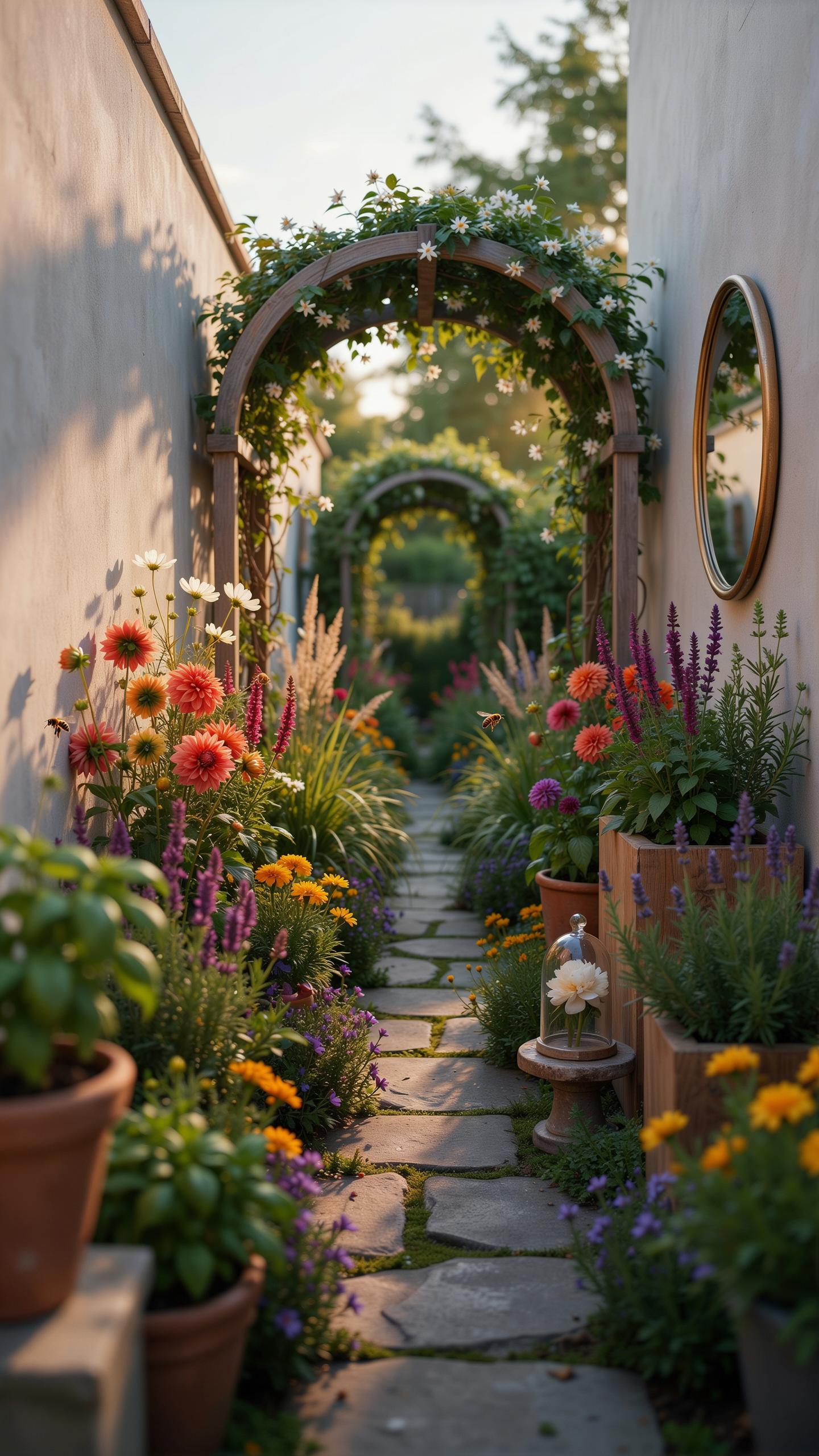 A narrow, stone-paved garden path winds through an archway covered in greenery and flowers, flanked on both sides by overflowing flowerbeds and potted