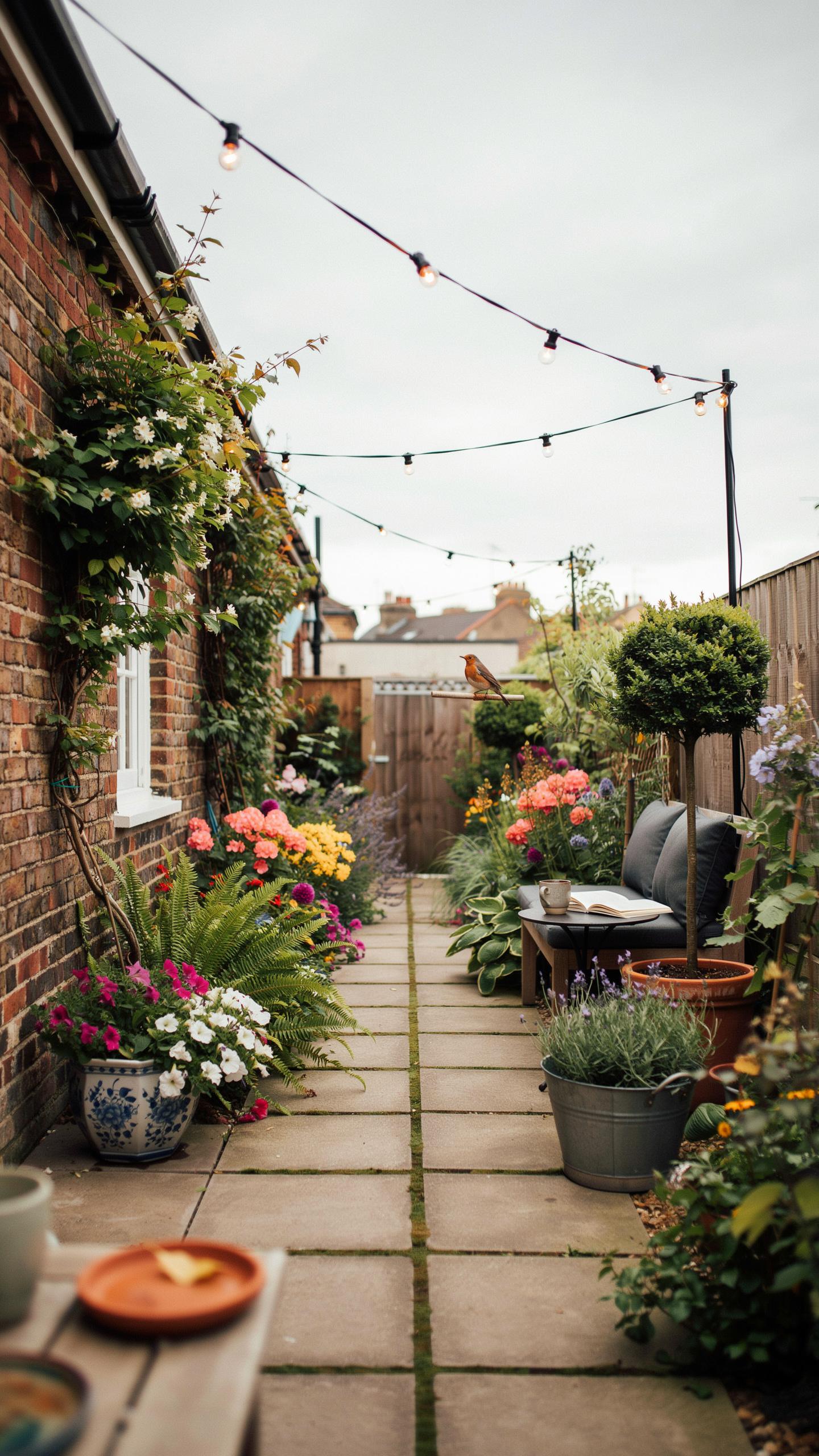 A narrow, charming garden path lined with vibrant flowers and potted plants, leading to a wooden gate, with string lights strung overhead between a br