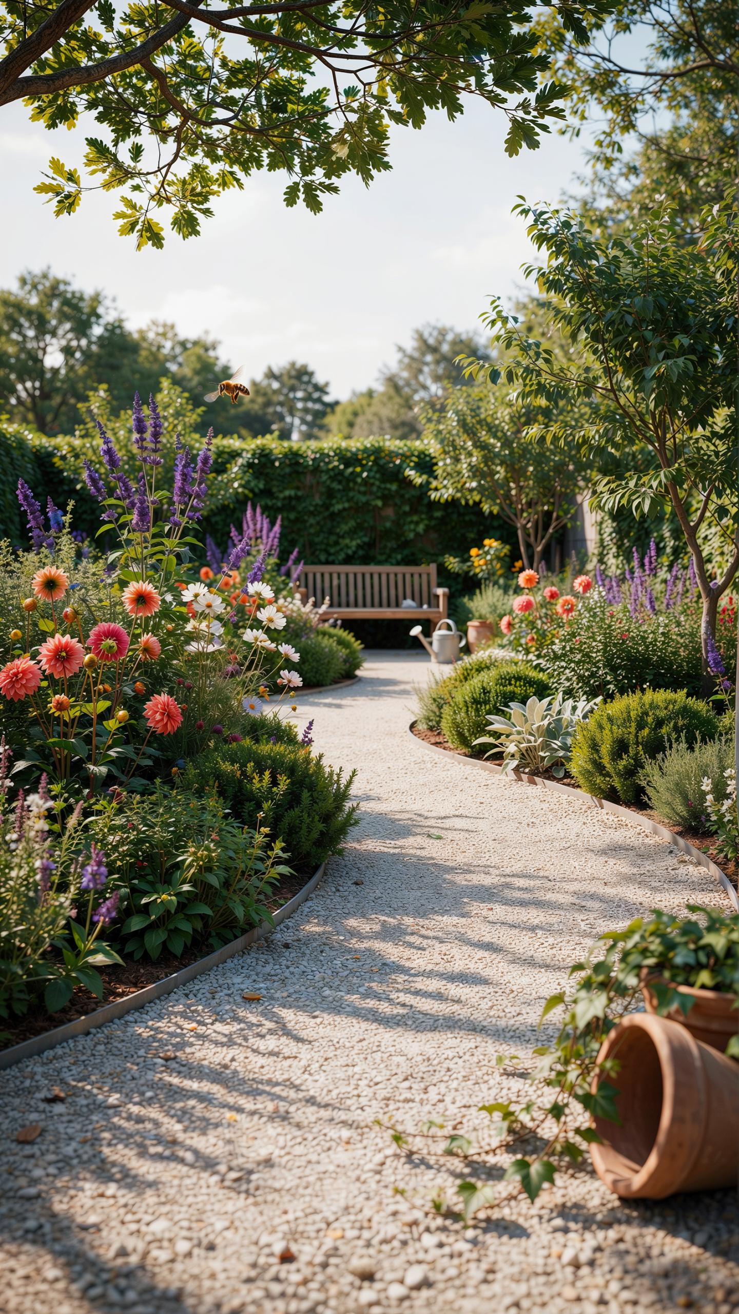 A gravel path curves gently through a vibrant, sunlit garden filled with colorful flowers, green shrubs, and mature trees, leading towards a wooden be