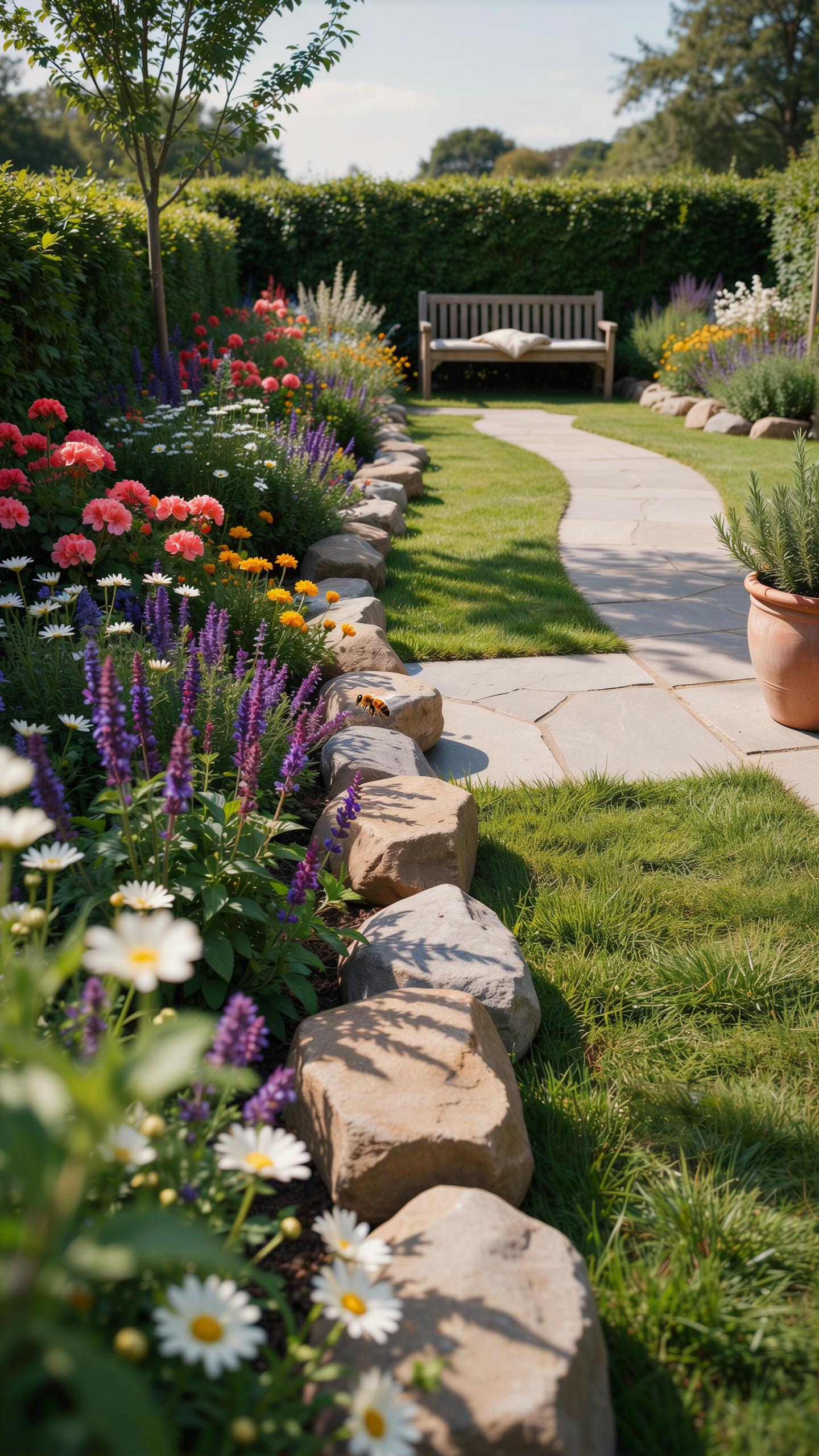 A narrow, light-colored stone path curves through a vibrant green lawn, leading towards a wooden bench at the end of a lush garden bed filled with col
