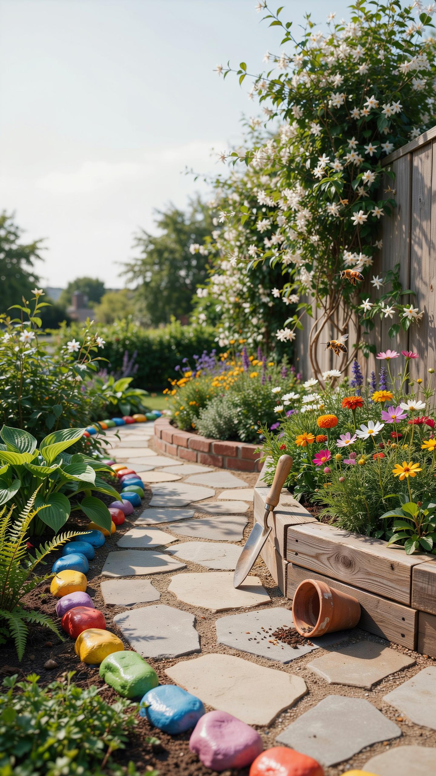 A winding stone path leads through a lush, colorful garden with raised wooden beds, vibrant flowers, and a border of painted, multi-colored rocks.