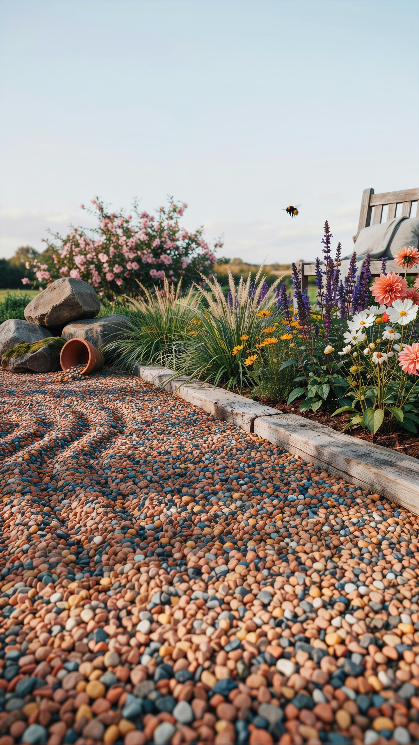 A tranquil zen garden path made of small, colorful pebbles features raked wavy patterns, bordered by a wooden edge and vibrant flower beds filled with