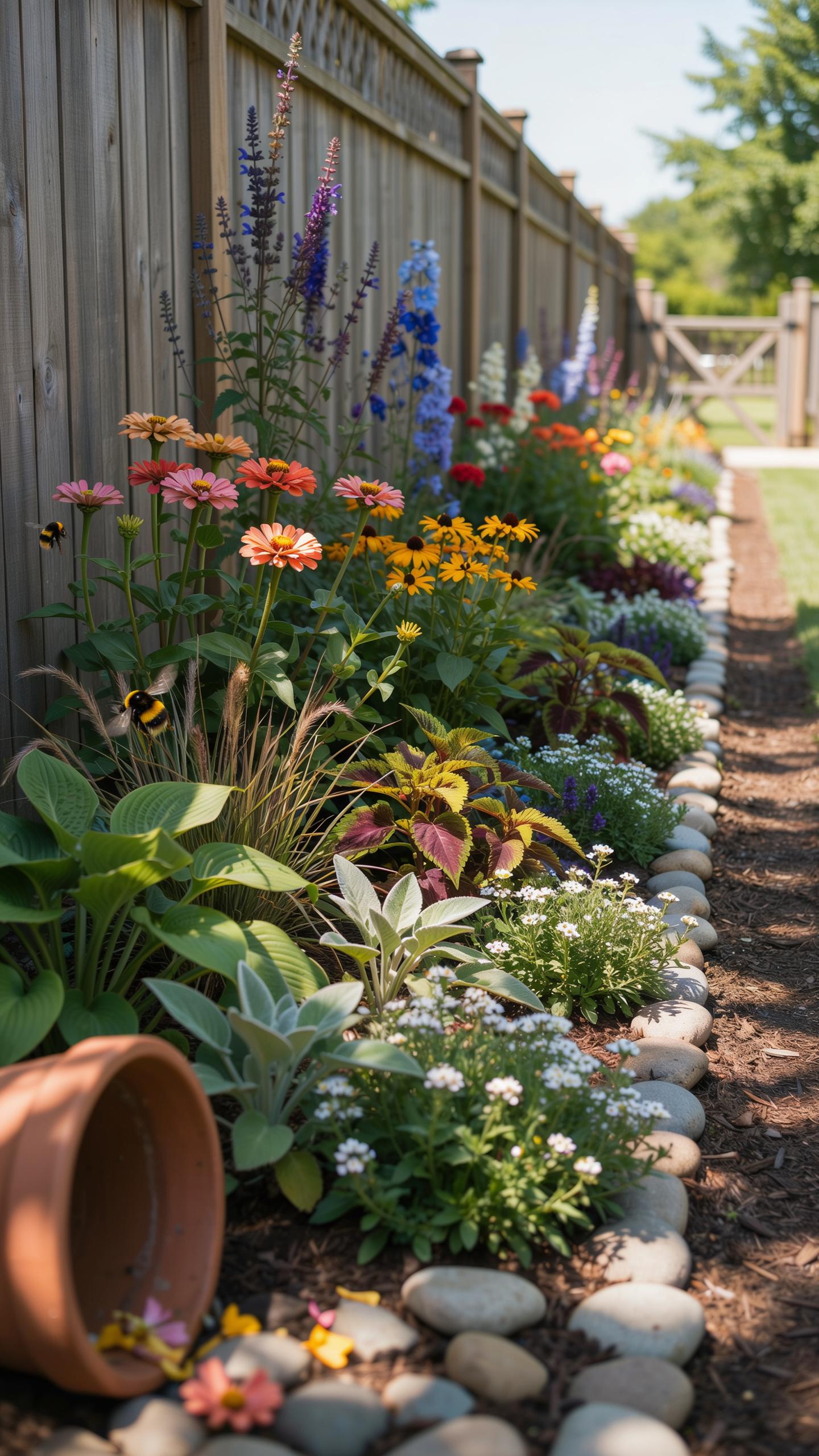 A vibrant garden bed featuring a variety of colorful flowers and lush green foliage, running alongside a weathered wooden fence, with a terracotta pot