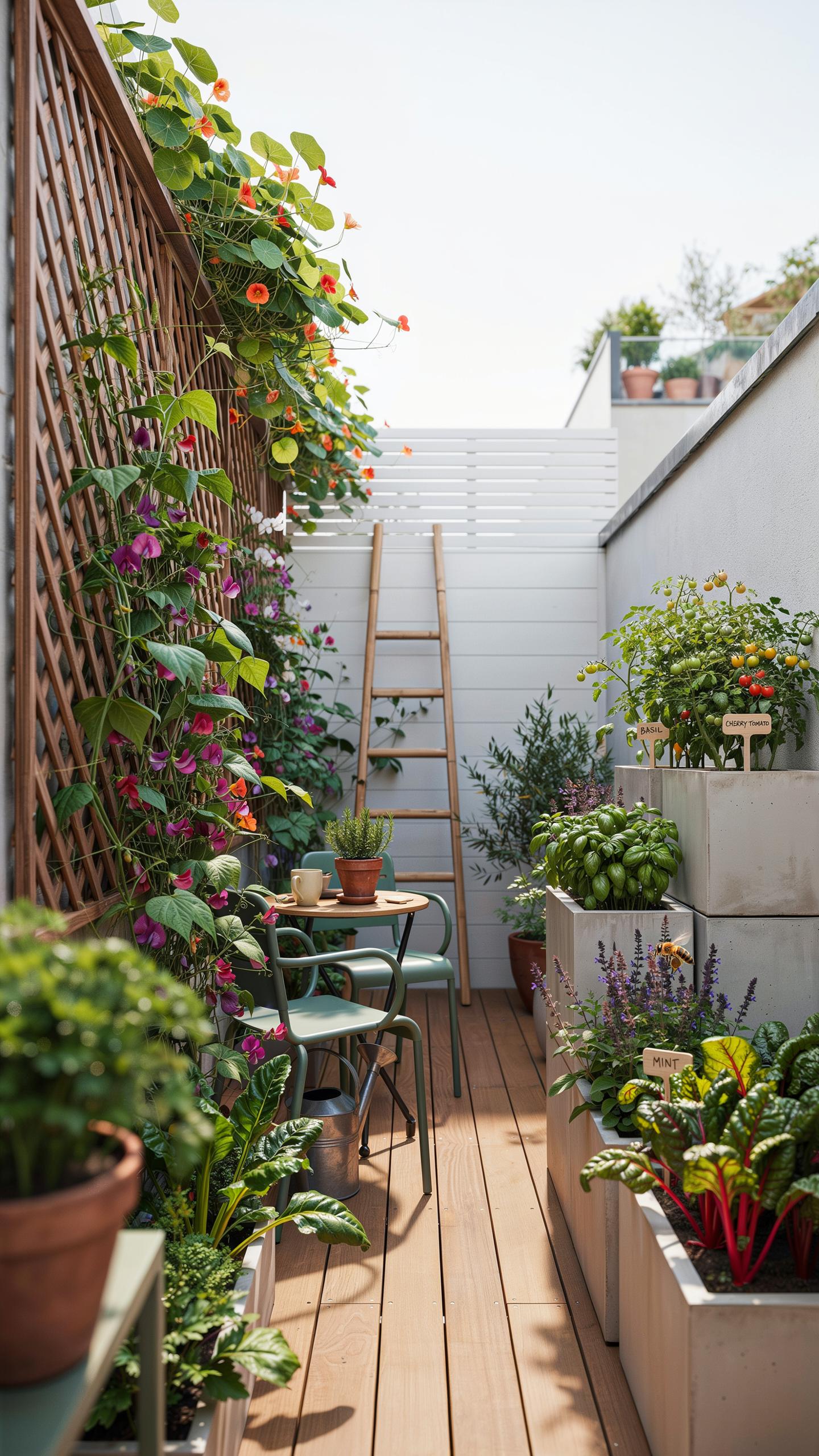 A narrow, sunlit rooftop patio features a small bistro set on wooden decking, surrounded by various potted plants, trellised vines with colorful flowe