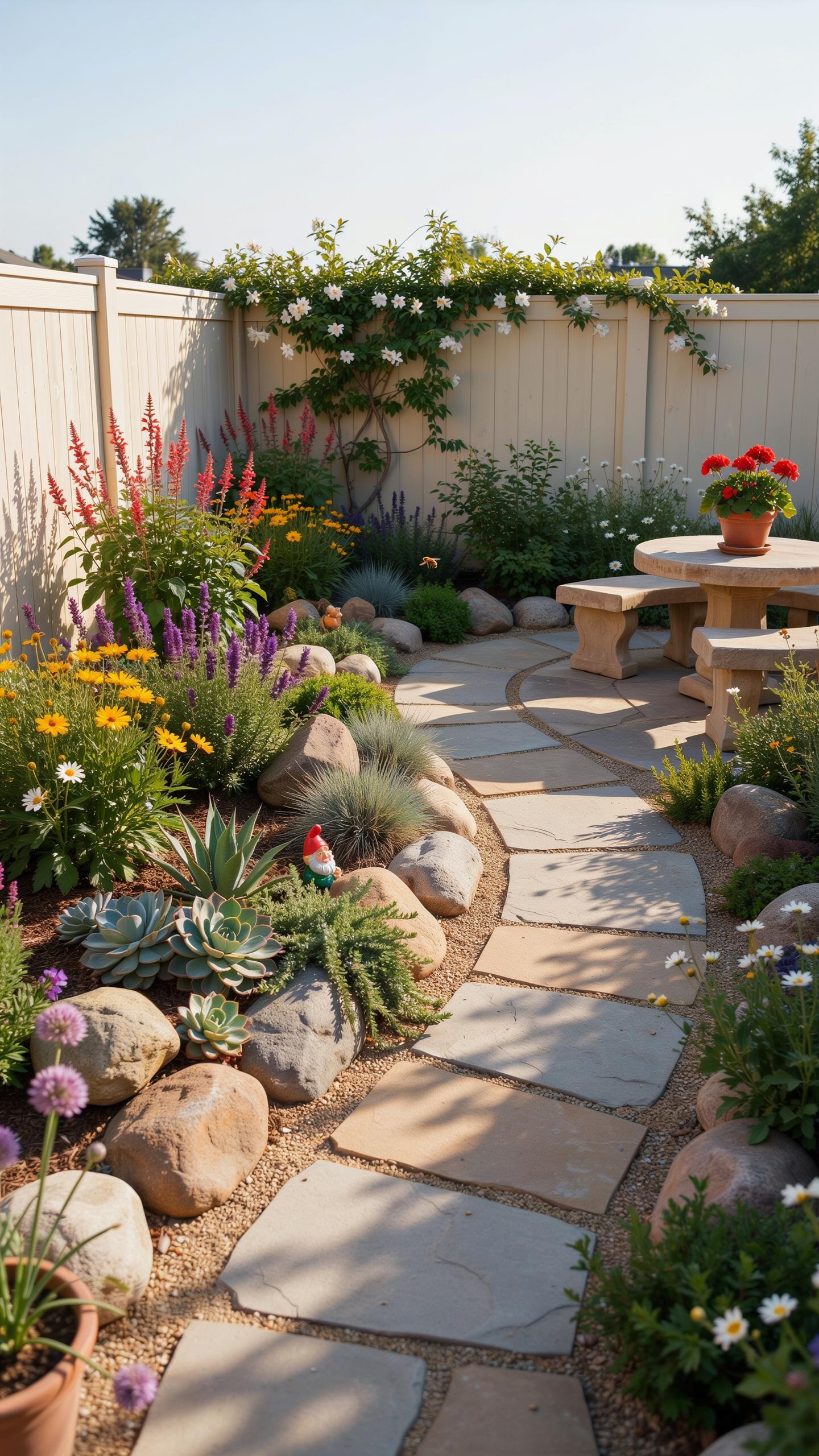 A winding stone path leads through a lush, colorful garden with various flowering plants, succulents, and decorative rocks, alongside a light-colored