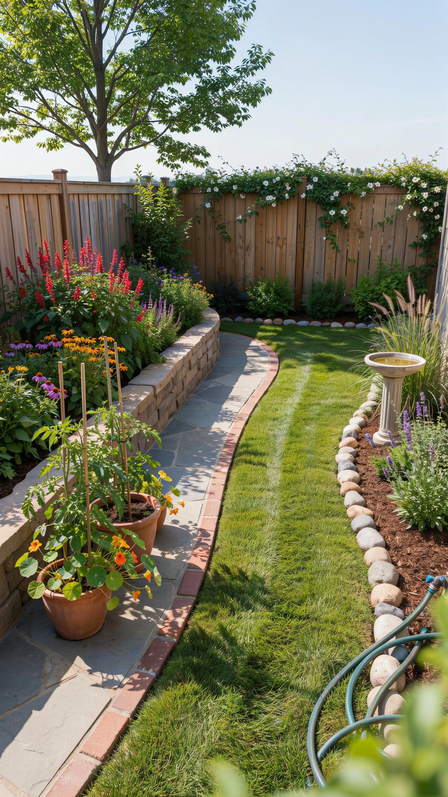 A narrow, lush backyard features a winding green lawn path flanked by garden beds, a stone retaining wall, and a wooden fence under a bright sky.
