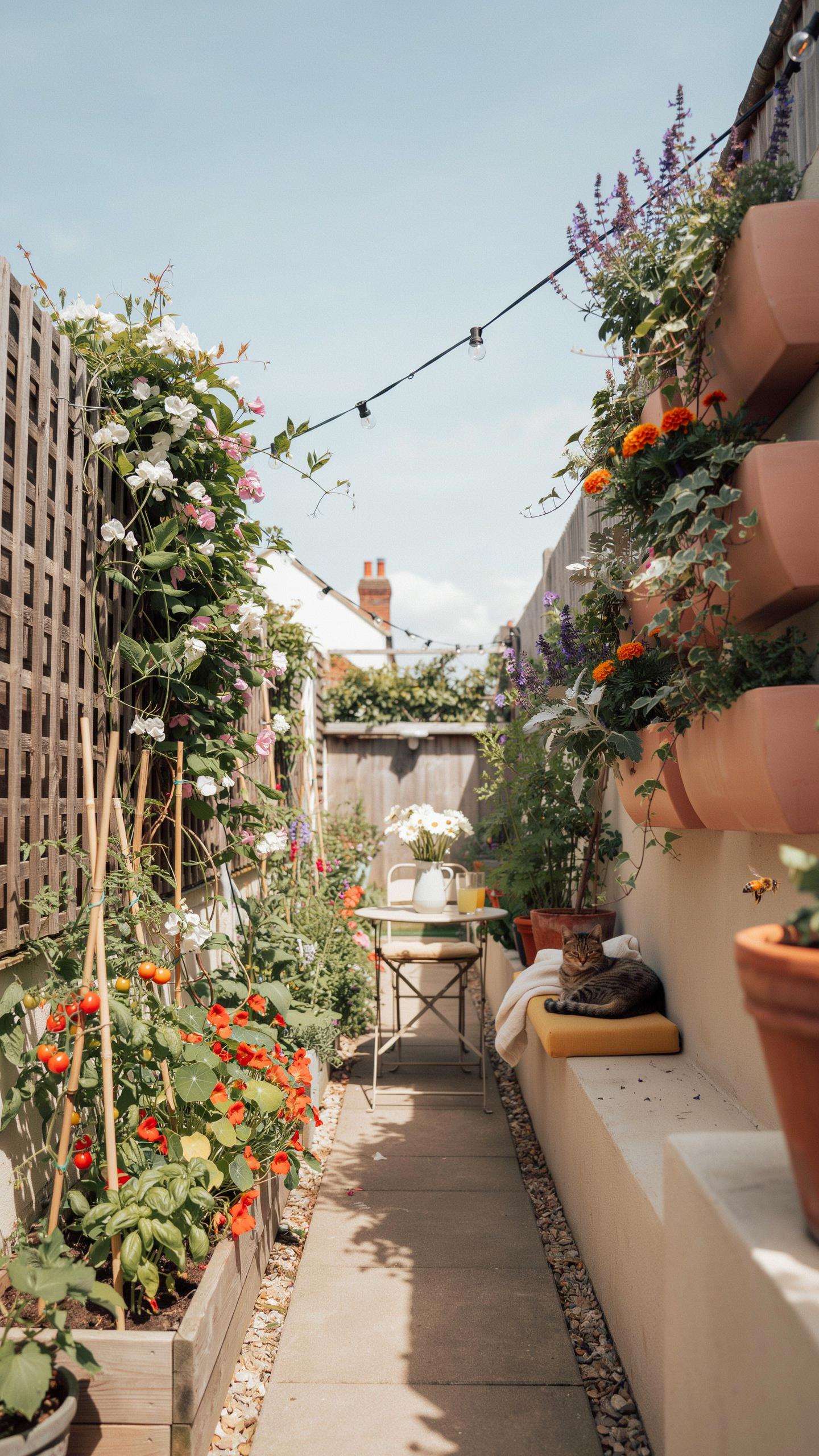 A narrow, sunlit garden alleyway features climbing roses on a wooden trellis to the left and tiered terra cotta planters with colorful flowers on a wh