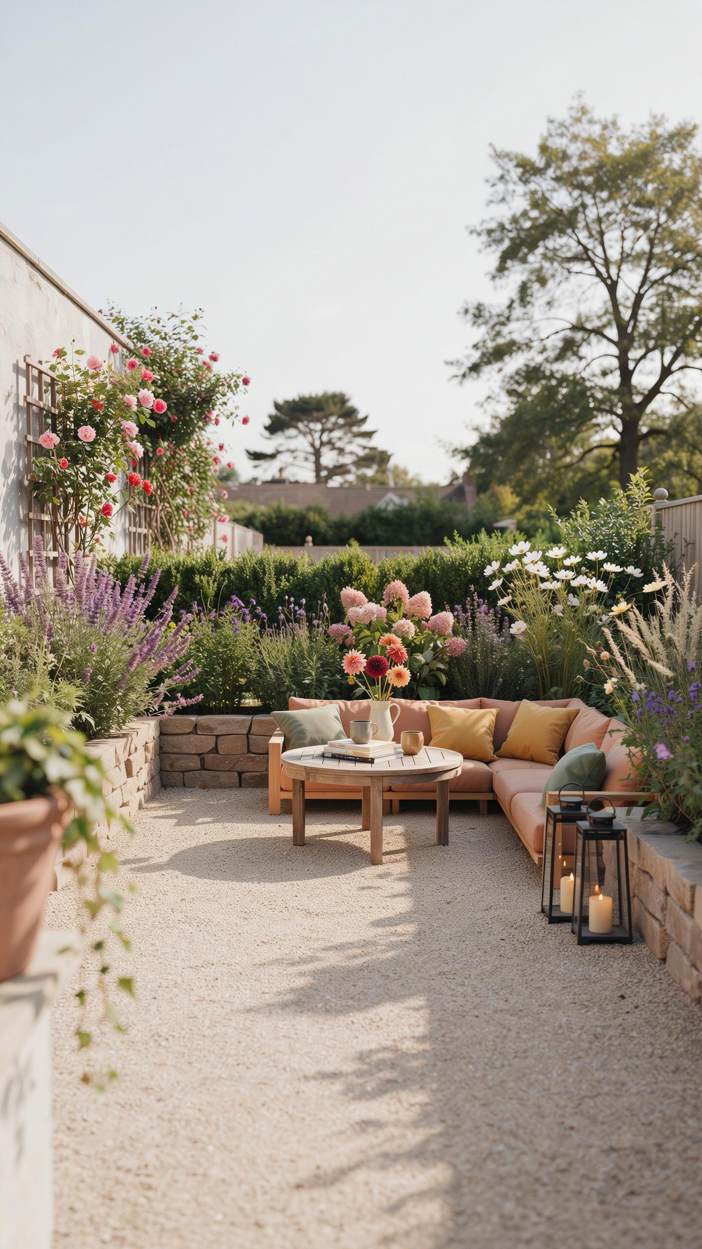 A charming and lush outdoor patio features a light-colored sectional sofa with yellow and orange throw pillows, a round wooden coffee table with a flo