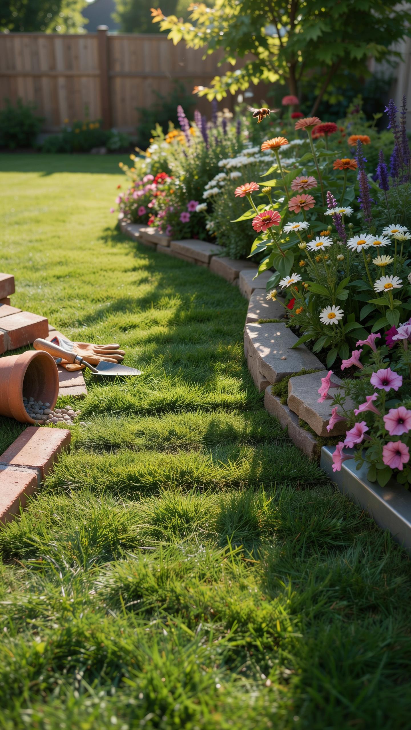A lush, green backyard features a curving flower bed on the right, filled with colorful zinnias and other blossoms, bordered by a low stone wall, whil