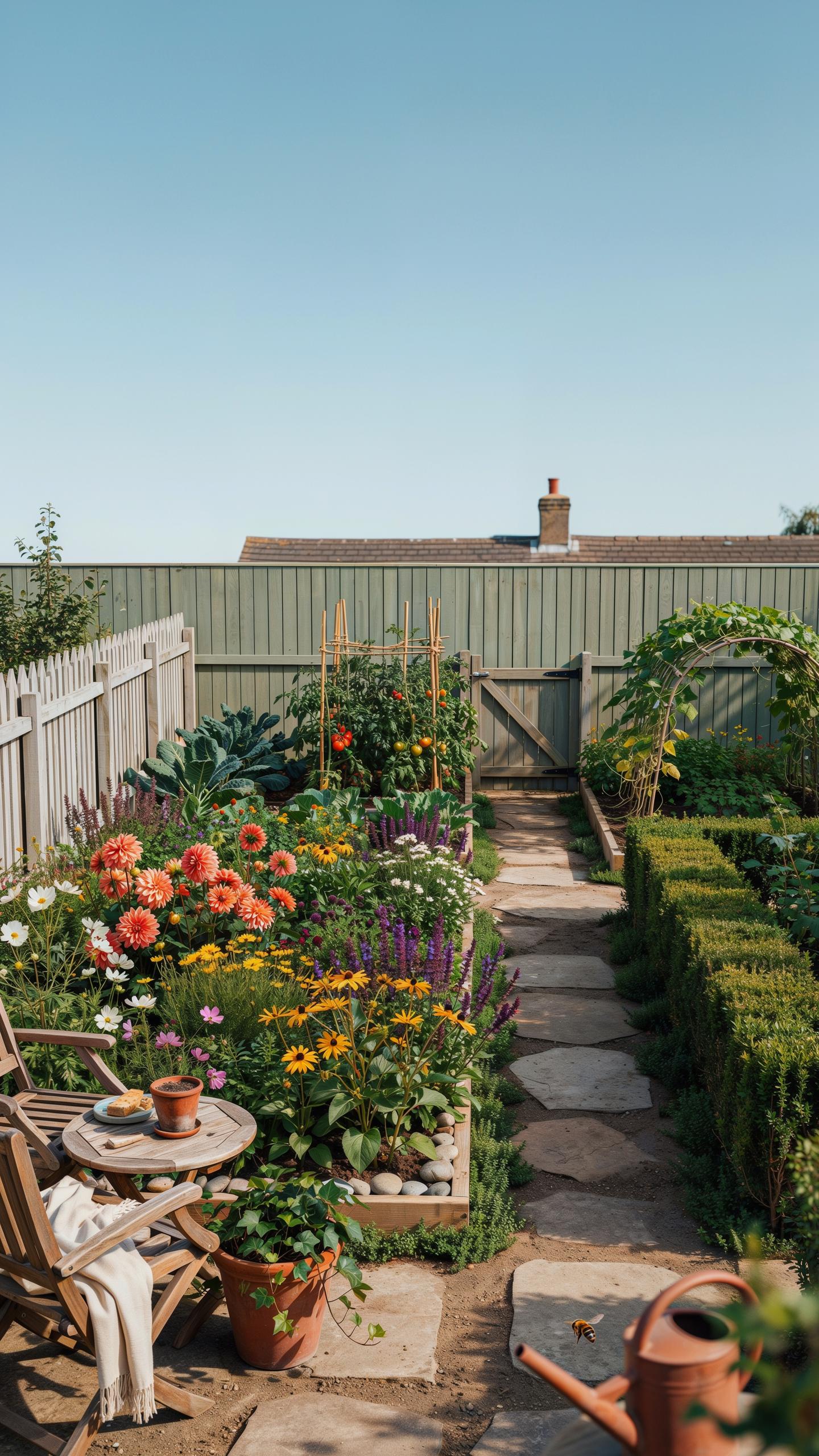 A vibrant cottage garden features a stone path leading through various flower beds and raised garden beds towards a wooden gate in a fence, with a rus