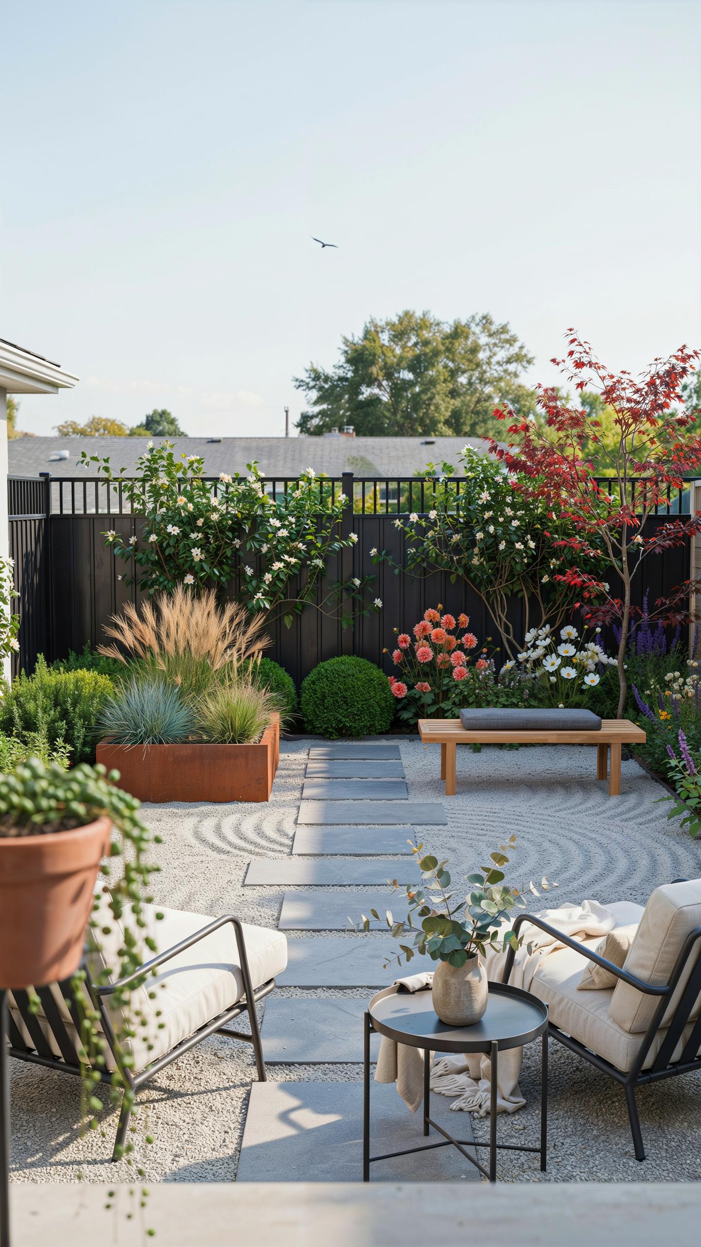 A modern backyard features a cozy seating area with two armchairs and a small round table on a concrete patio, leading to a Japanese-inspired gravel g