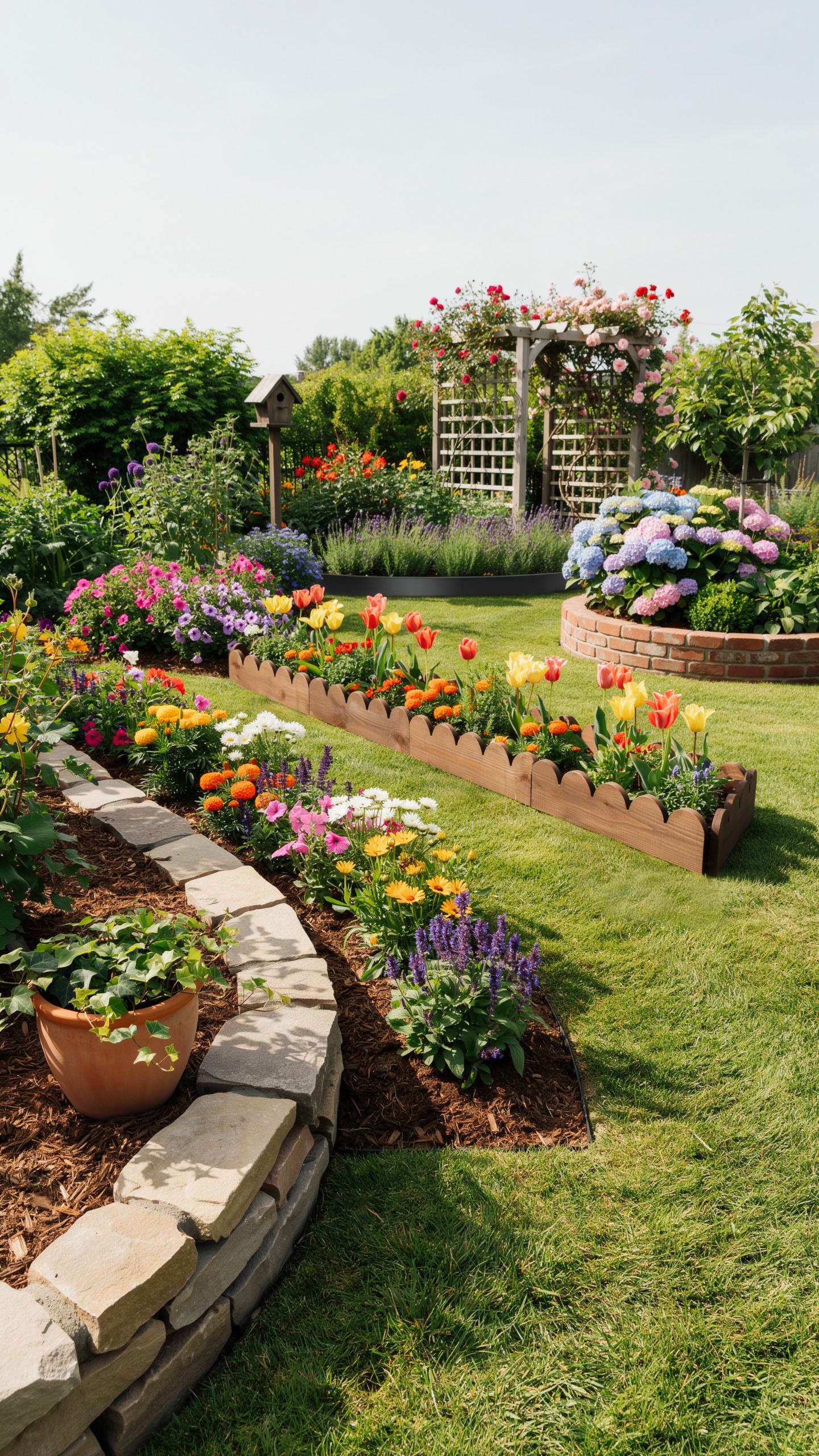 A vibrant and well-maintained garden features curved stone borders, a raised brick flower bed with blue hydrangeas, and long flower beds filled with c