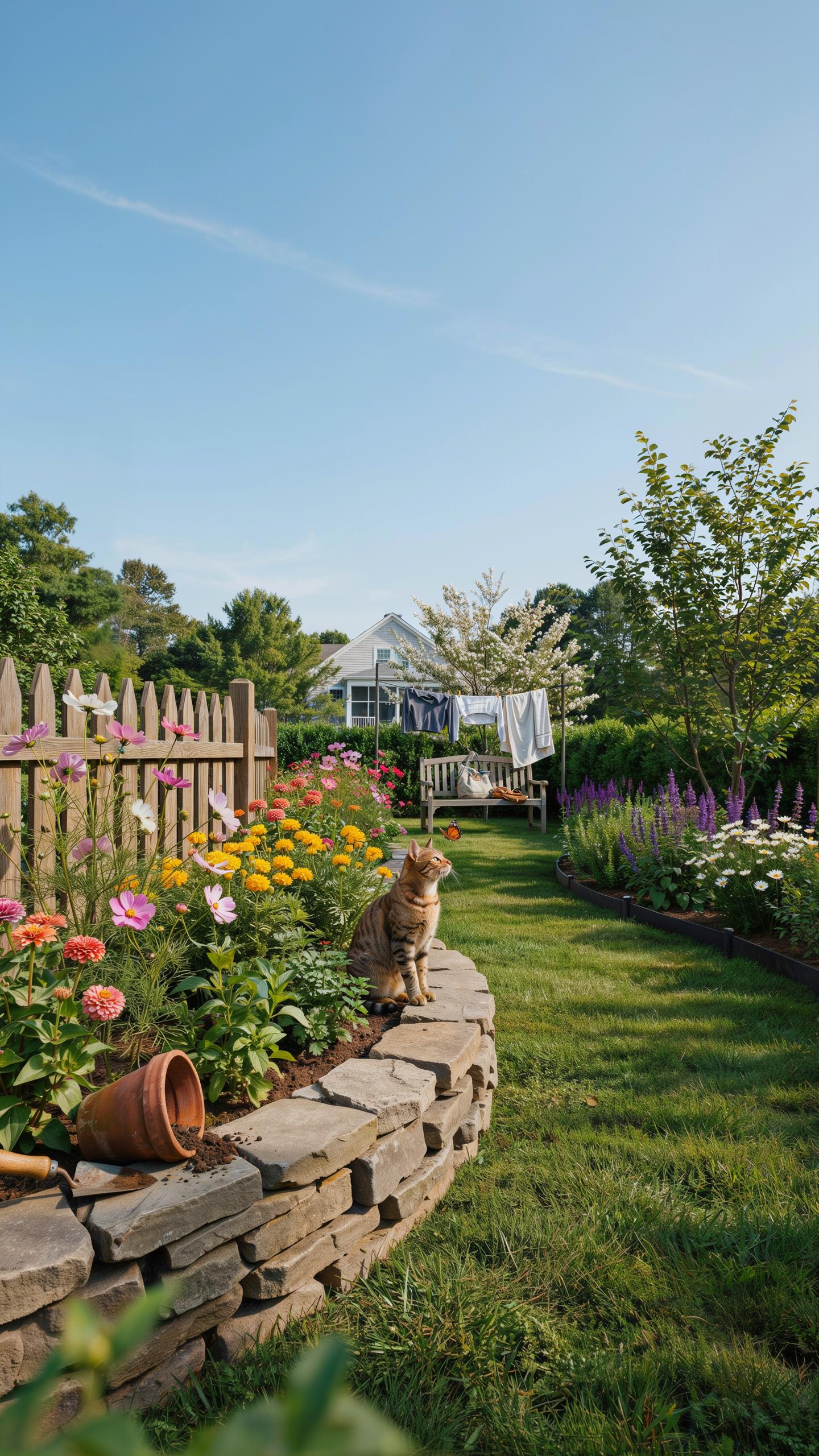 A domestic short-haired tabby cat with brown and black stripes sits on a stone retaining wall in a lush, colorful garden. The wall curves gently to th