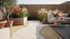 A modern garden features a winding pathway of light and dark gravel leading to a minimalist outdoor sofa, with a raised planter of red dahlias and an