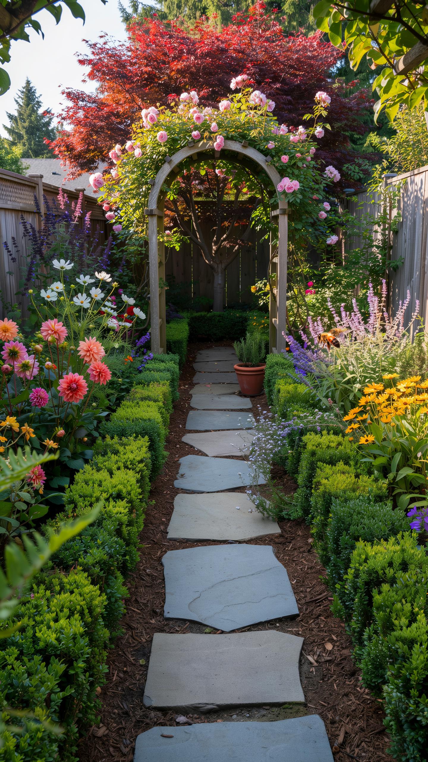 A winding stone path leads through a lush, vibrant garden under a wooden archway covered in pink climbing roses, flanked by manicured green hedges and