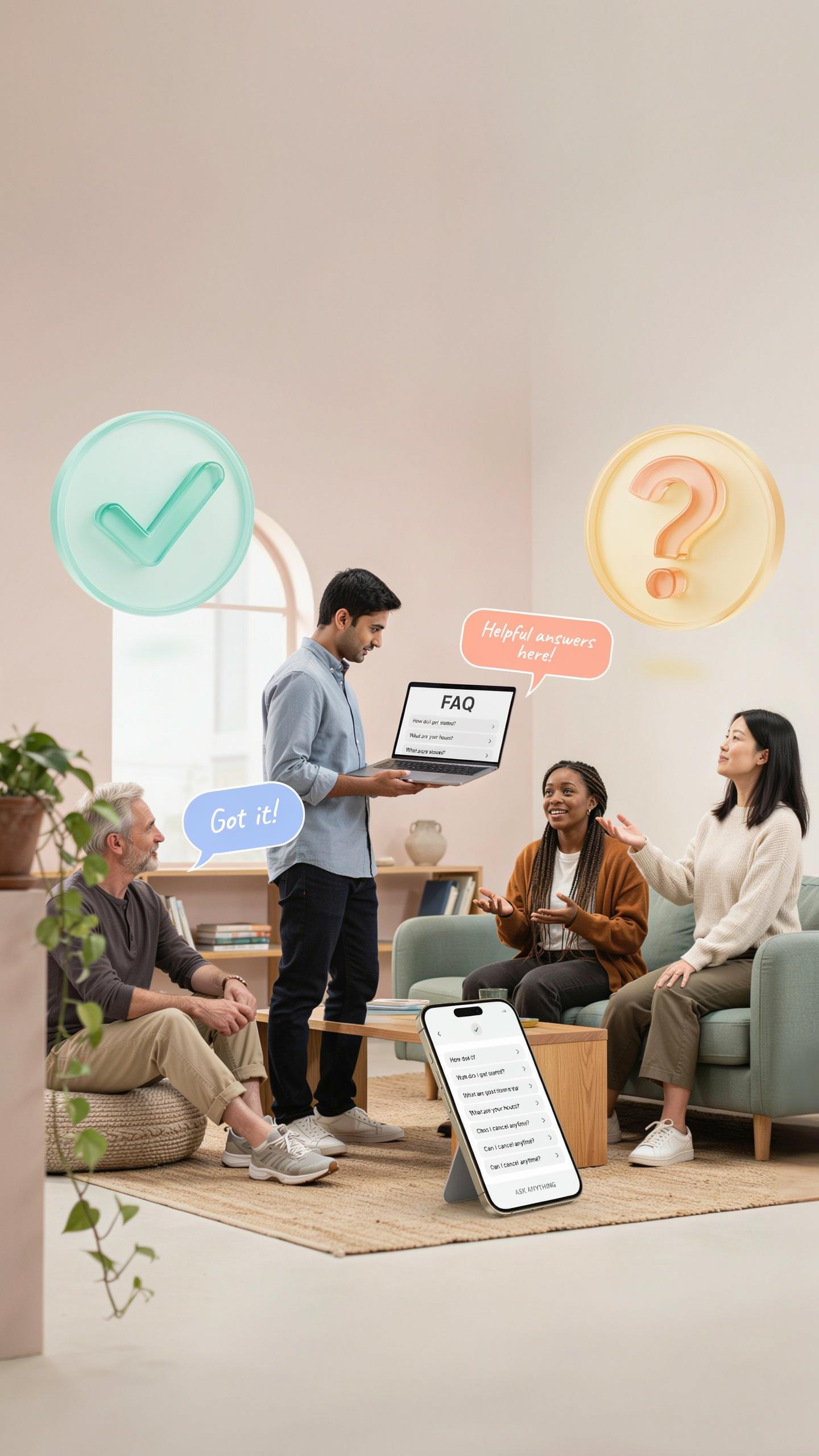 A man stands holding a laptop displaying "FAQ" text to three seated individuals in a modern, brightly lit living room, with a smartphone on a stand in