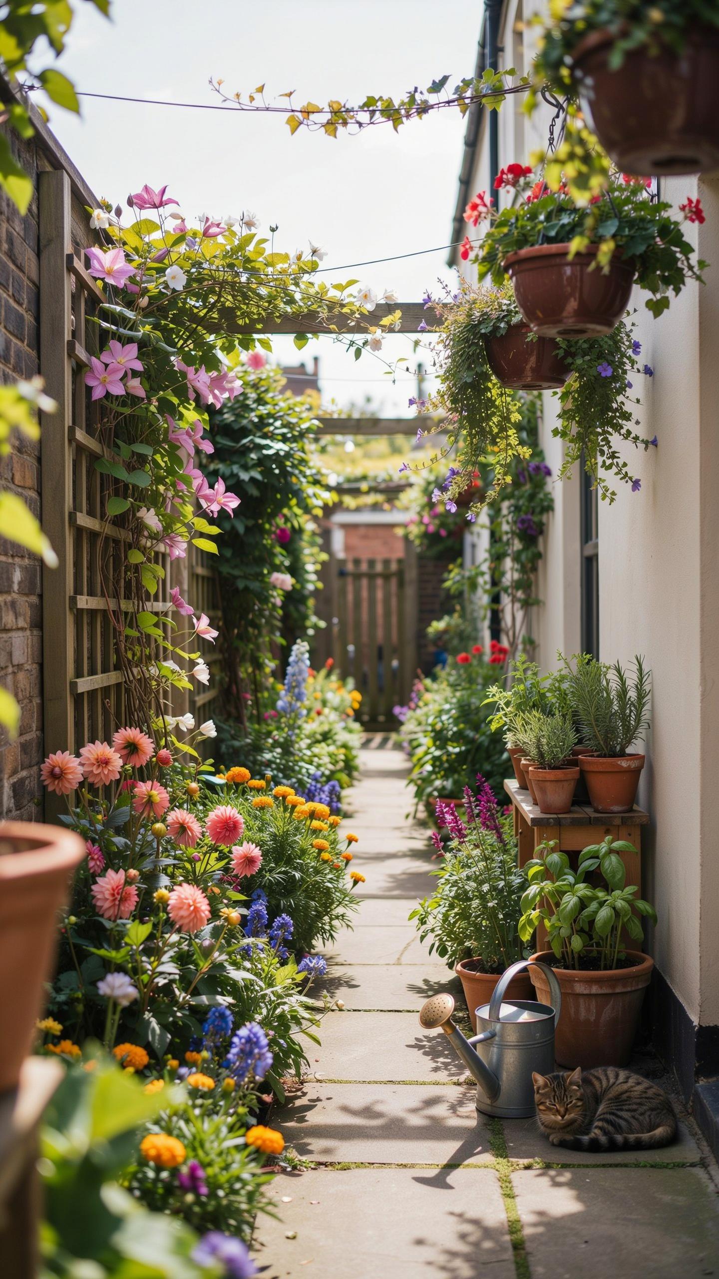 A narrow, sunlit garden path with flagstone pavers leads toward a wooden gate, flanked on both sides by lush flower beds and potted plants, with climb