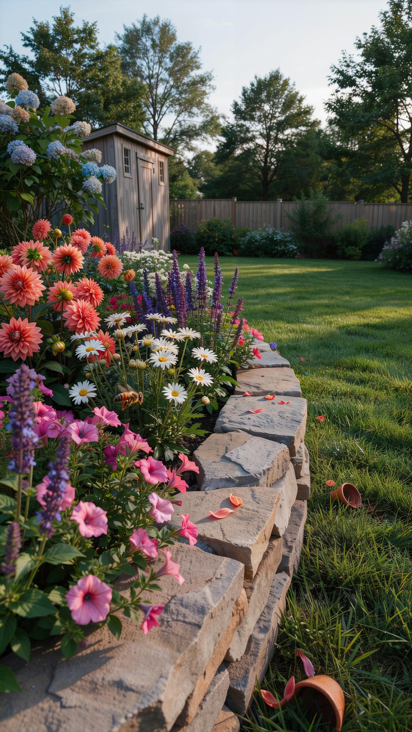 A vibrant garden bed featuring a variety of colorful flowers, including pink and orange dahlias, white daisies, purple salvia, and pink petunias, is b