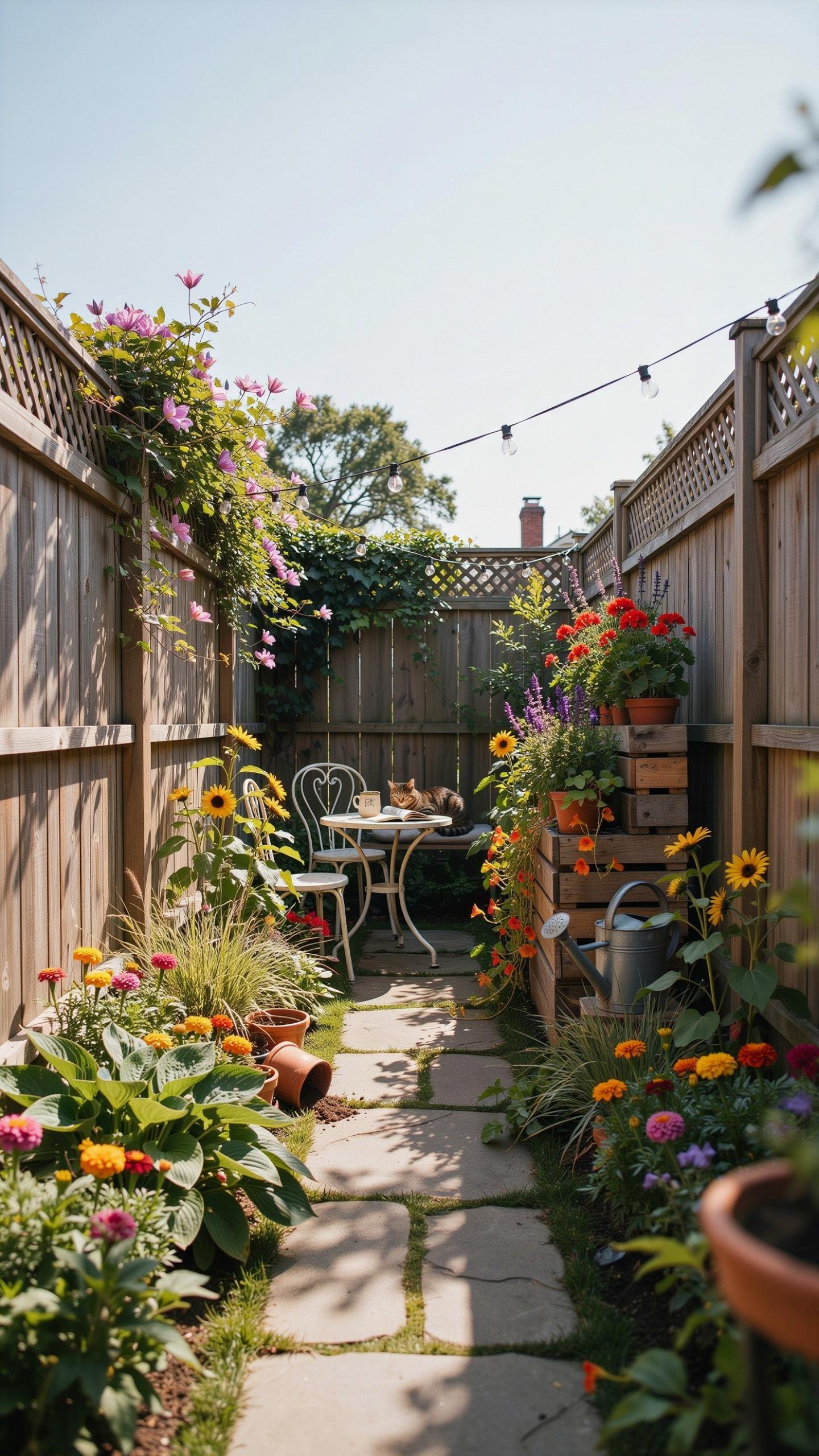 A narrow, sunlit garden path with flagstones leads towards a small bistro set nestled at the end, surrounded by blooming colorful flowers and lush gre