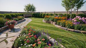 A beautiful, manicured garden features a flagstone path winding through vibrant flower beds and a lush green lawn, bordered by a wooden fence and tree