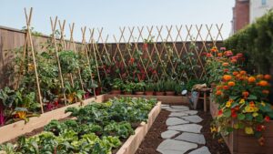 A narrow outdoor garden features two long, raised beds overflowing with green leafy vegetables and two shorter raised planters with orange and yellow