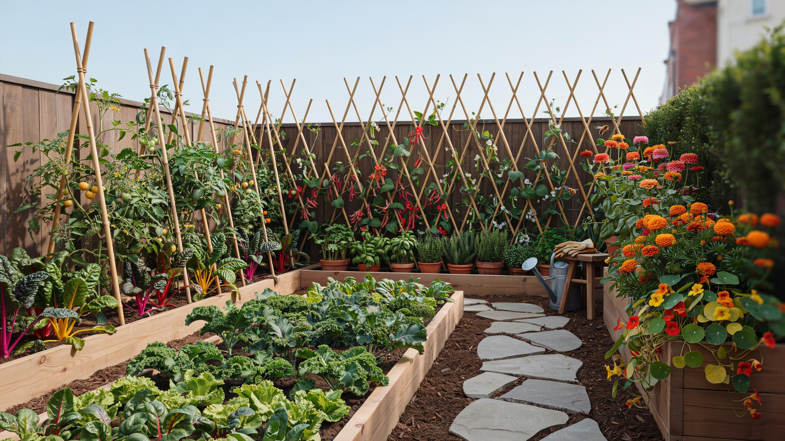 A narrow outdoor garden features two long, raised beds overflowing with green leafy vegetables and two shorter raised planters with orange and yellow