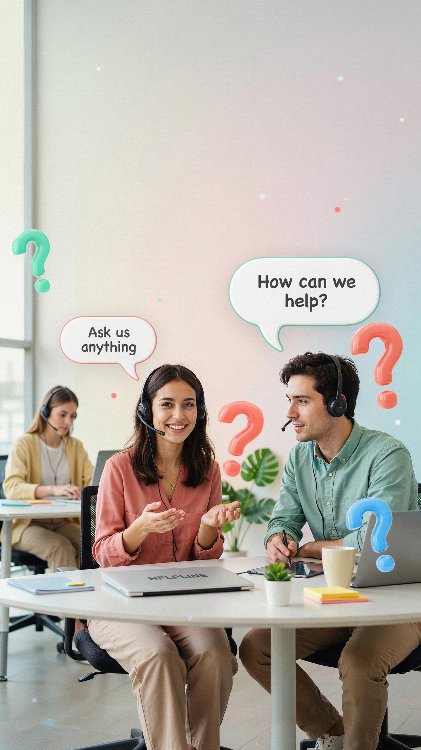 Three customer service representatives with headsets sit at desks in an office, with speech bubbles above two of them and animated question marks floa