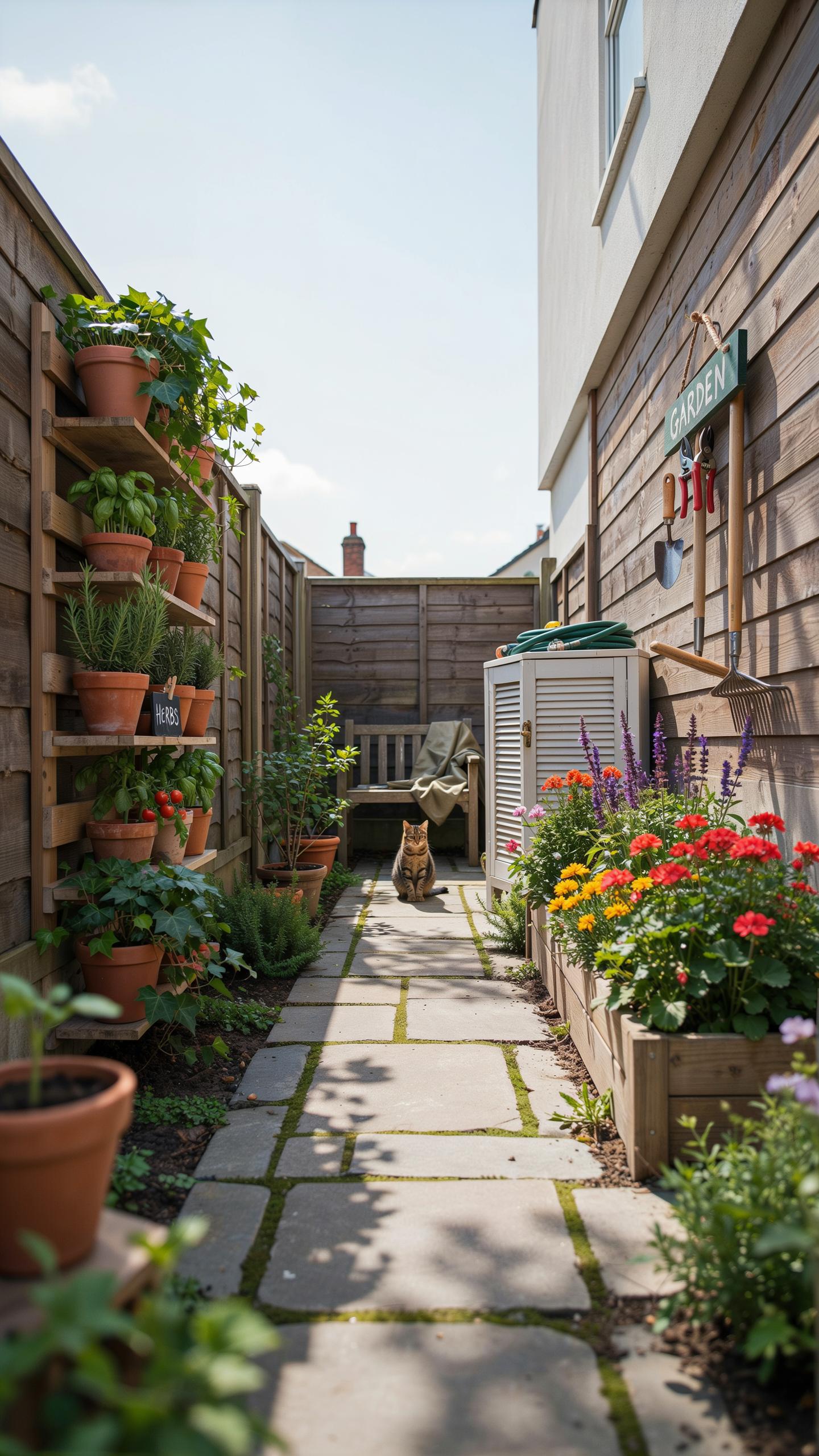 A narrow outdoor pathway made of square stepping stones is bordered by a wooden fence on the left with terracotta potted plants on a vertical shelf, a